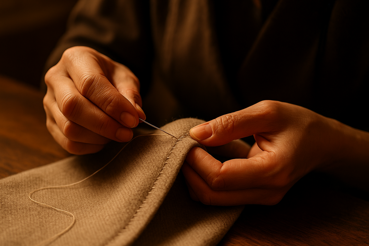 The seamstress’s hands sewing the fabric.