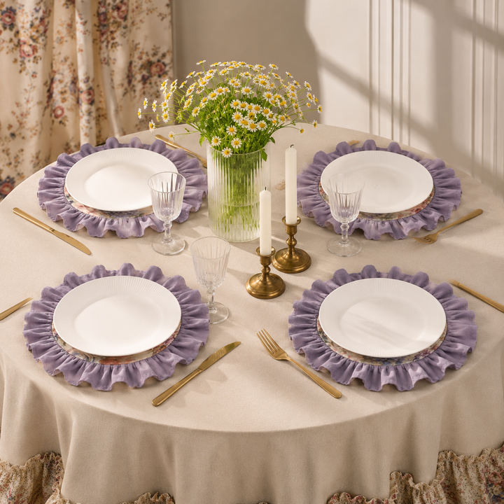 Purple Vintage Cotton Ruffle Placemat - Floral Cottagecore Table Decor