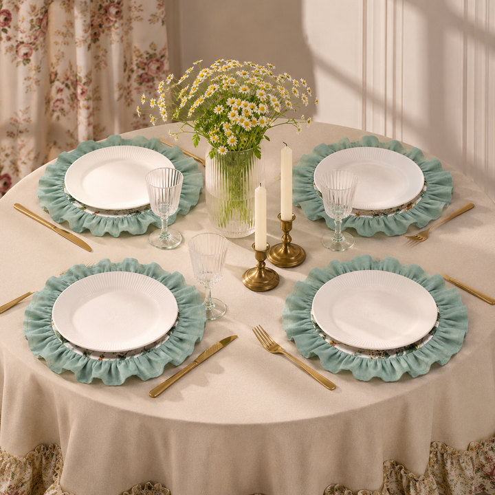 Olive Green Vintage Cotton Ruffle Placemat - Floral Cottagecore Table Decor