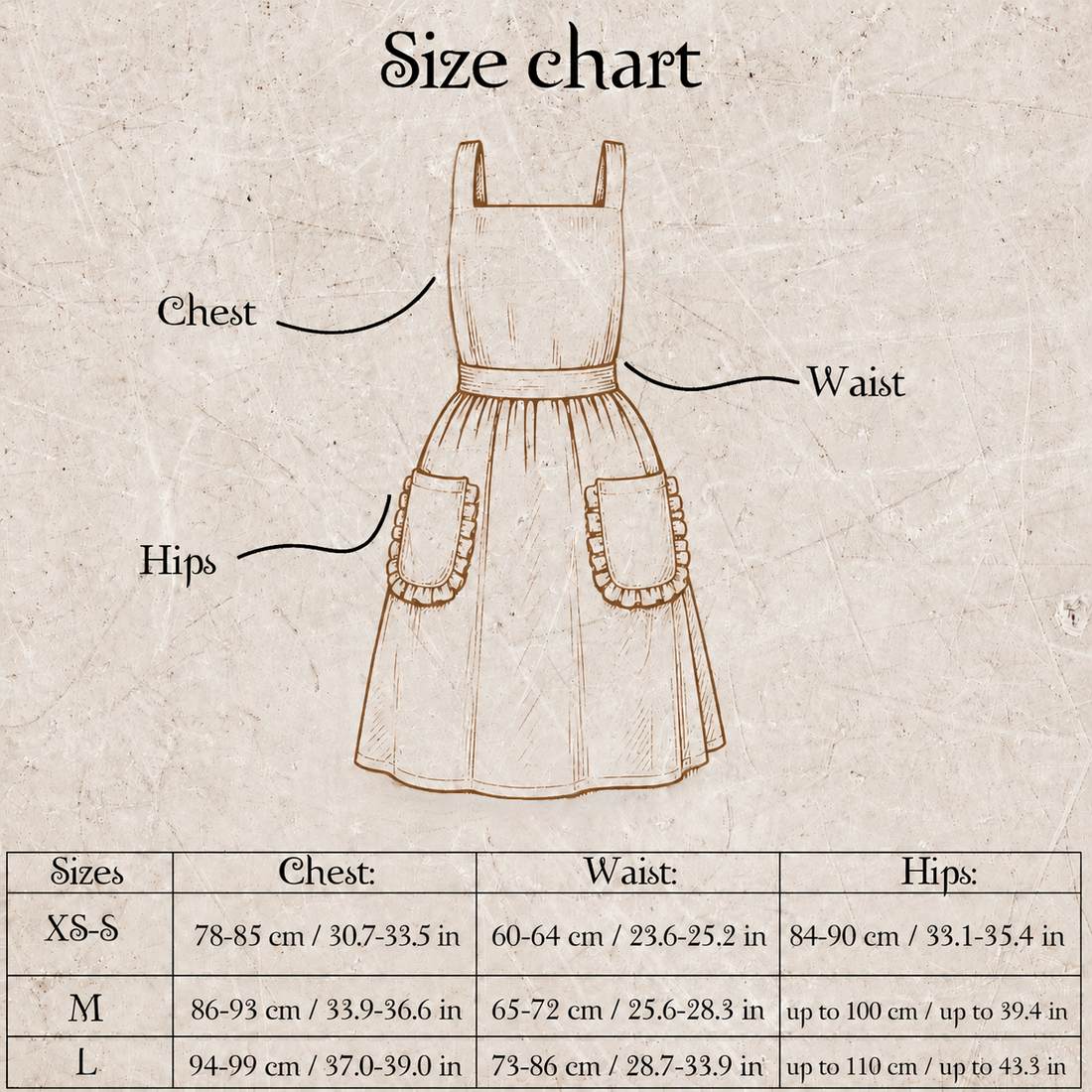 Size chart with chest, waist and hip measurements for the crossback apron with ruffles