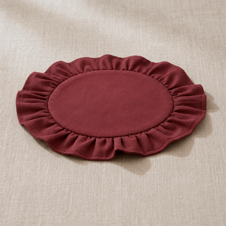 Deep Burgundy Vintage Cotton Ruffle Placemat - Cottagecore Table Decor