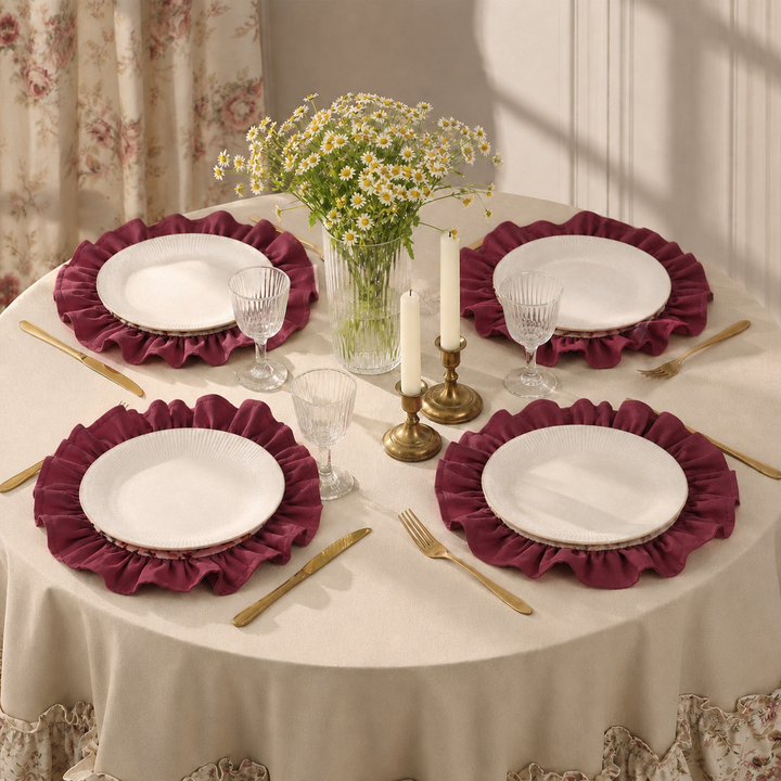 Wine Red Vintage Cotton Ruffle Placemat - Floral Cottagecore Table Decor