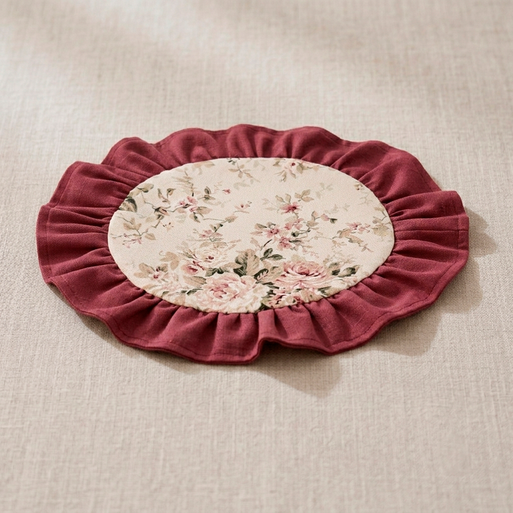 Wine Red Vintage Cotton Ruffle Placemat - Floral Cottagecore Table Decor