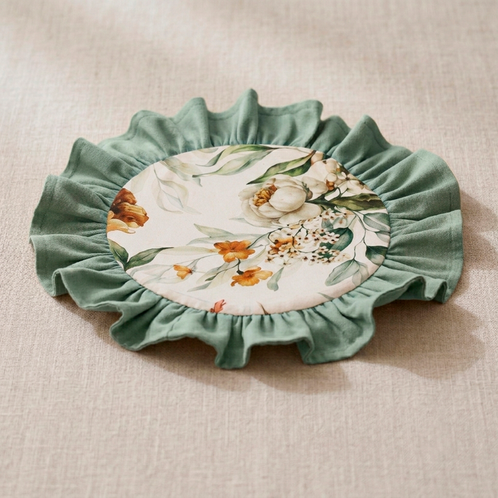Olive Green Vintage Cotton Ruffle Placemat - Floral Cottagecore Table Decor