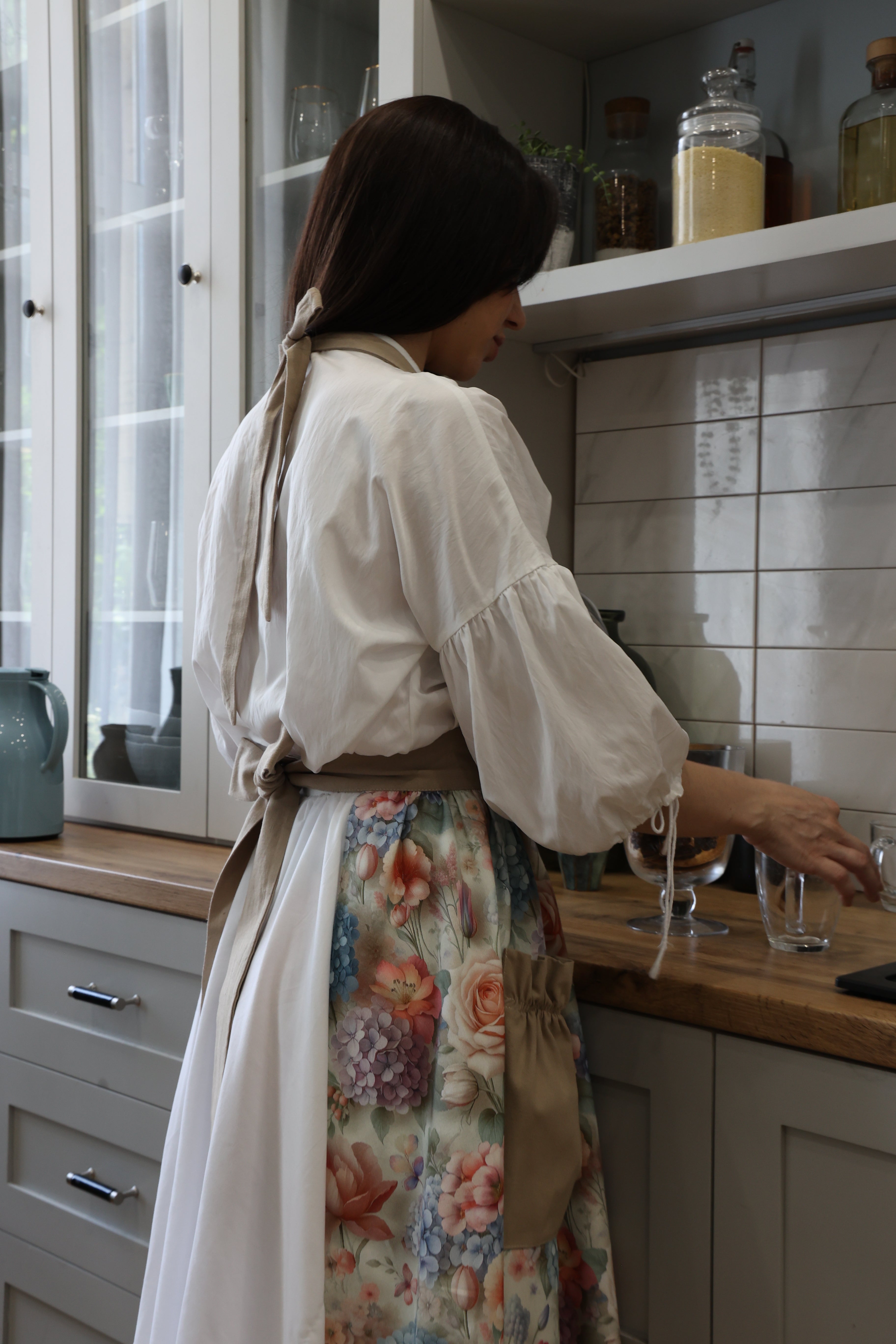 Hydrangea & Rose Kitchen Apron — Water-Repellent