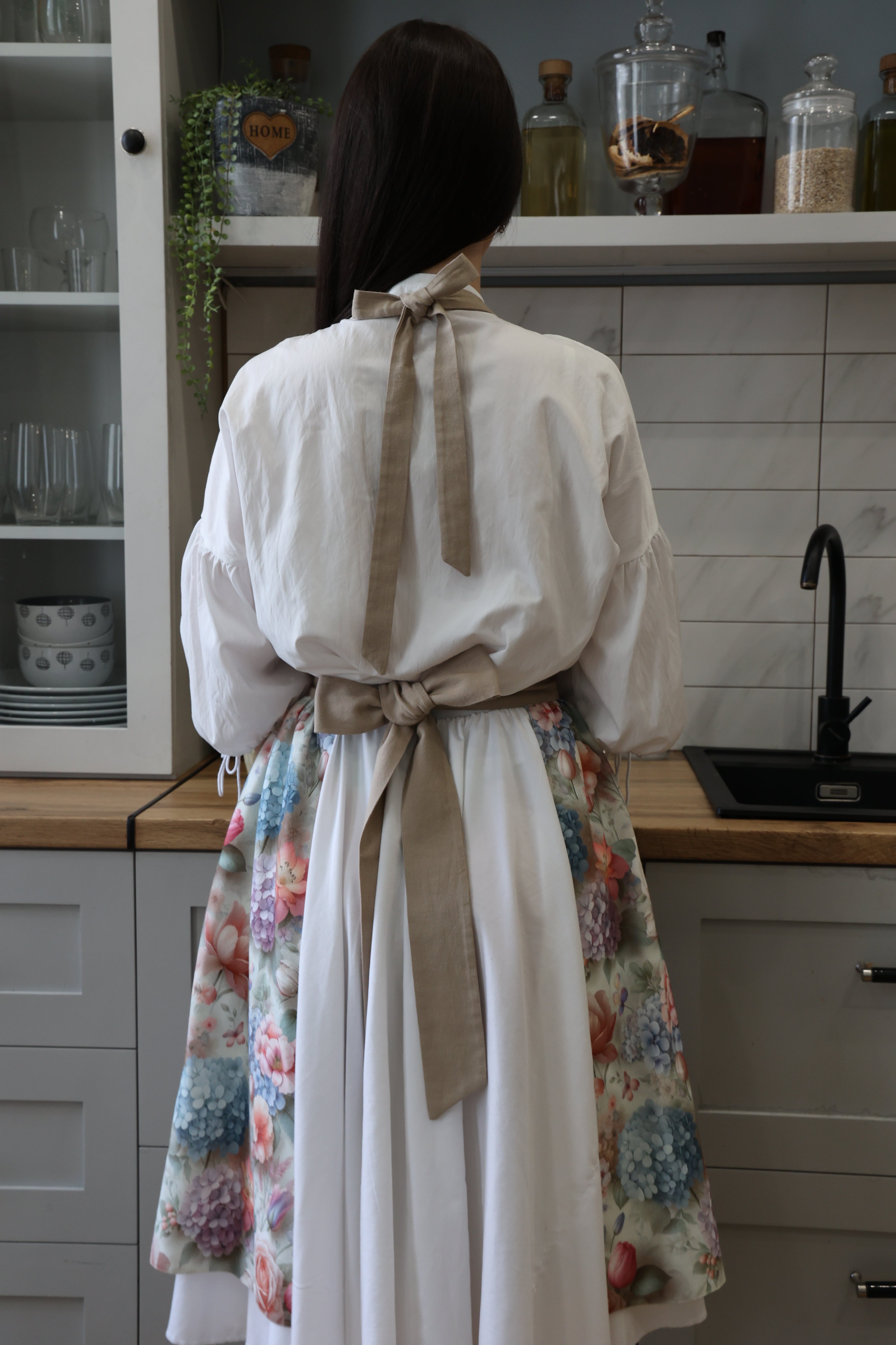 Hydrangea & Rose Kitchen Apron — Water-Repellent