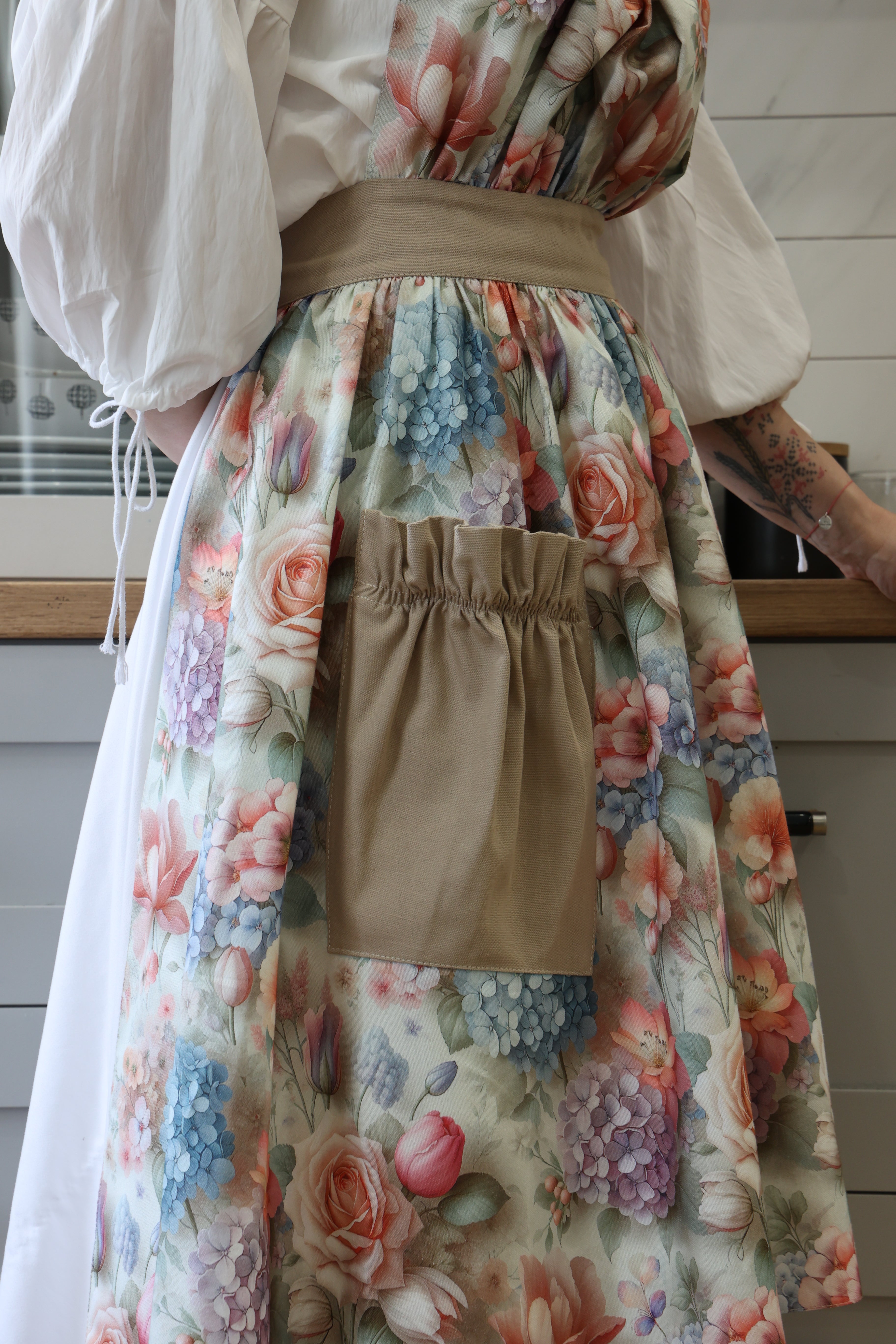Hydrangea & Rose Kitchen Apron — Water-Repellent