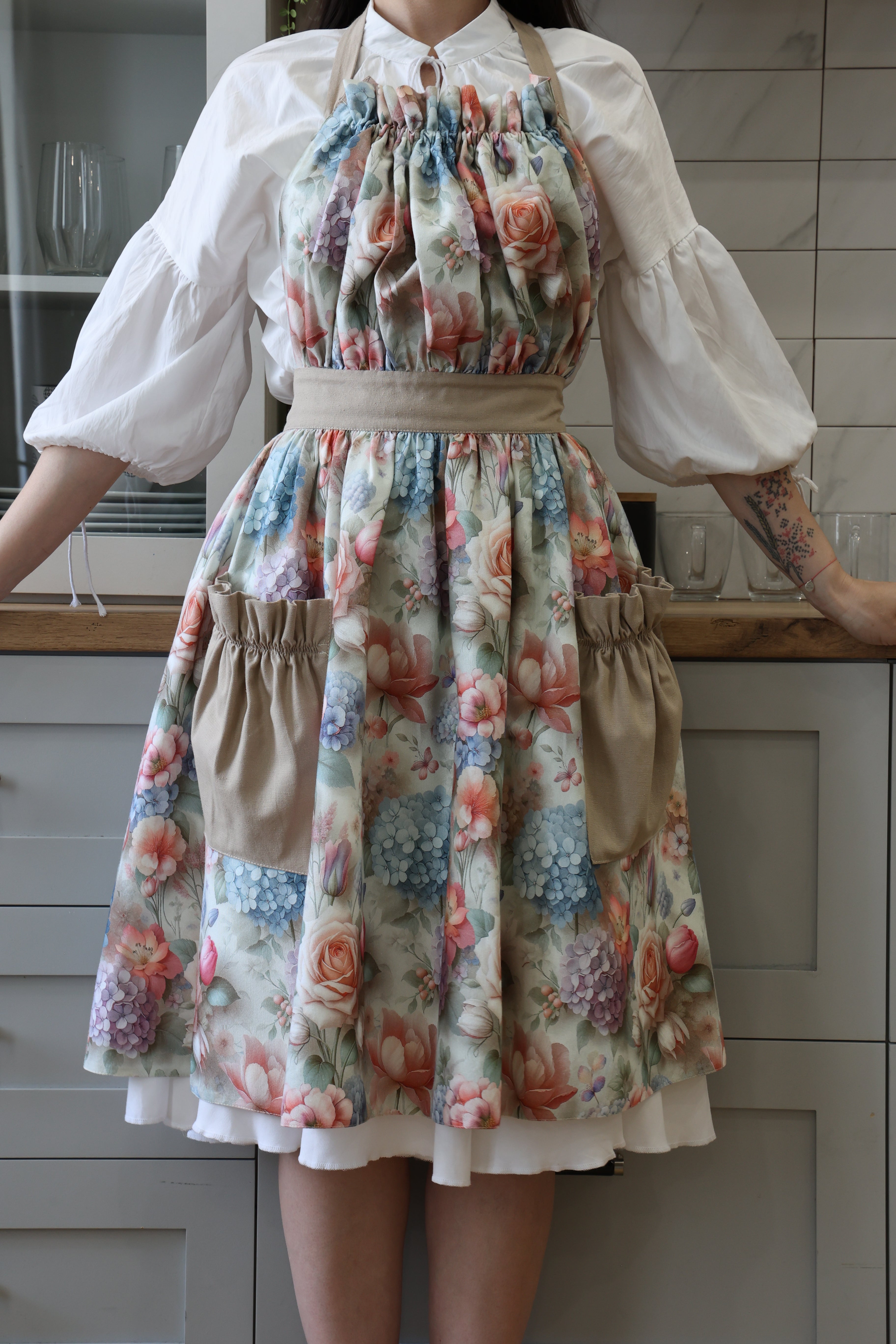 Hydrangea & Rose Kitchen Apron — Water-Repellent