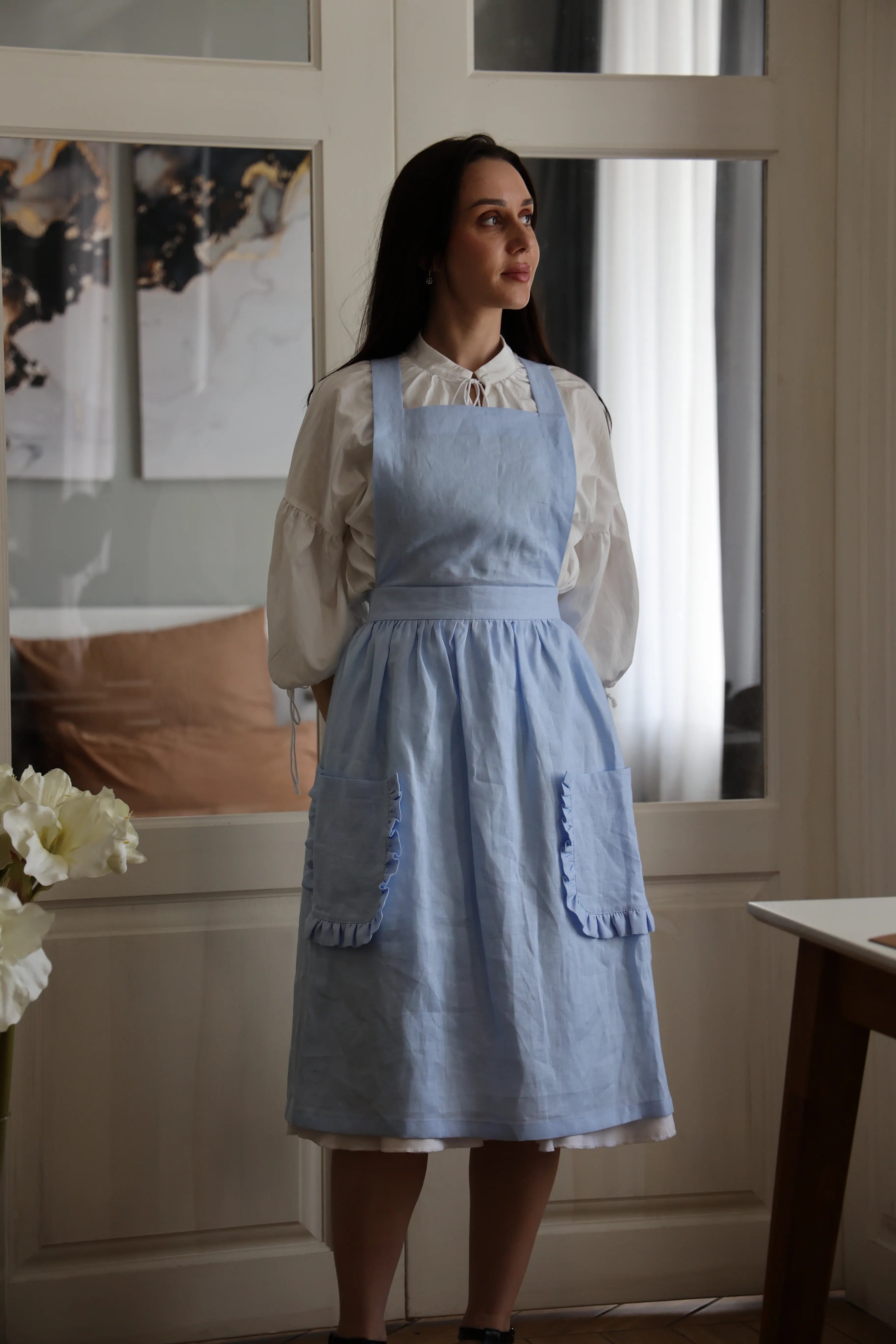 Dusty Blue Crossback Apron with Ruffles