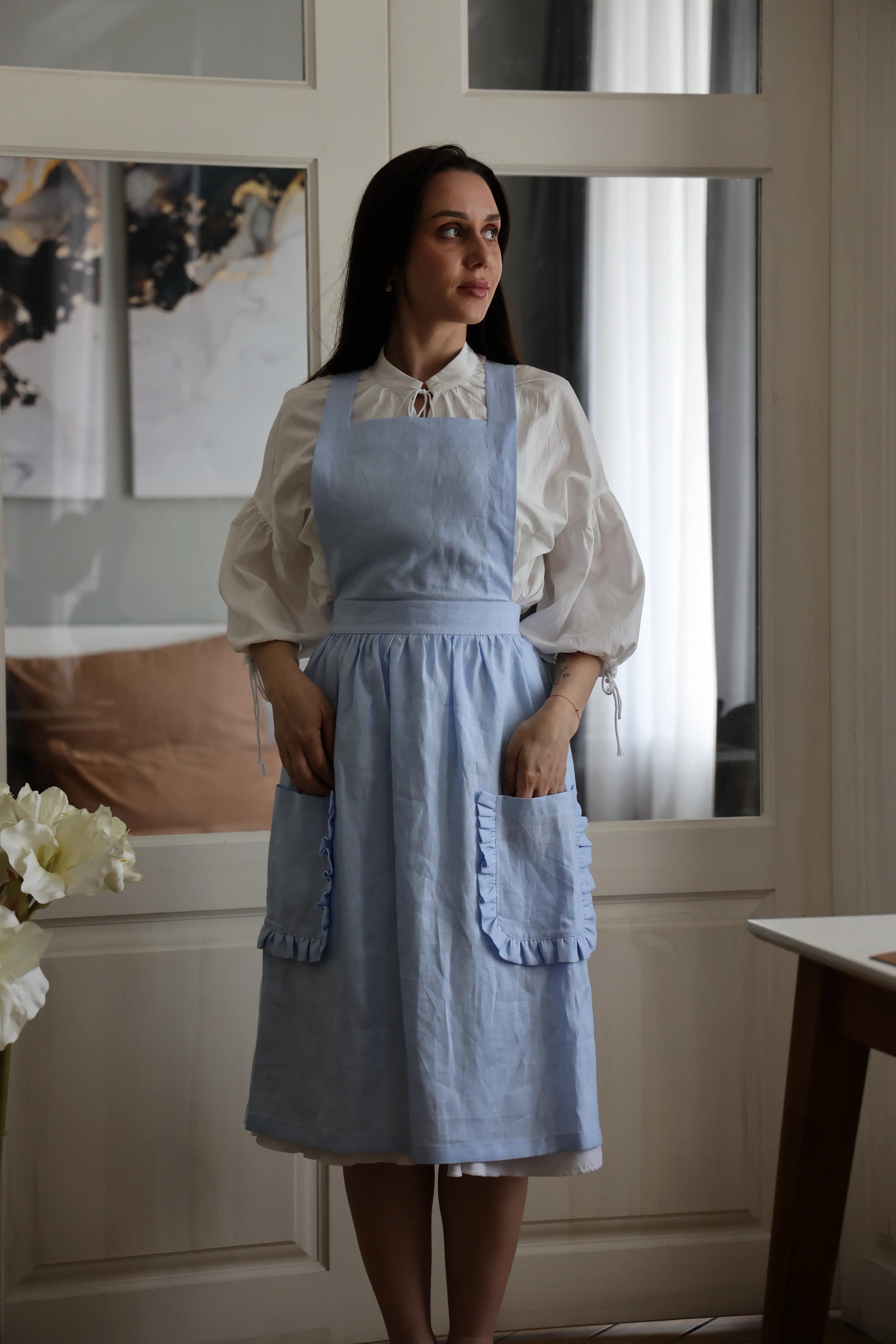 Dusty Blue Crossback Apron with Ruffles