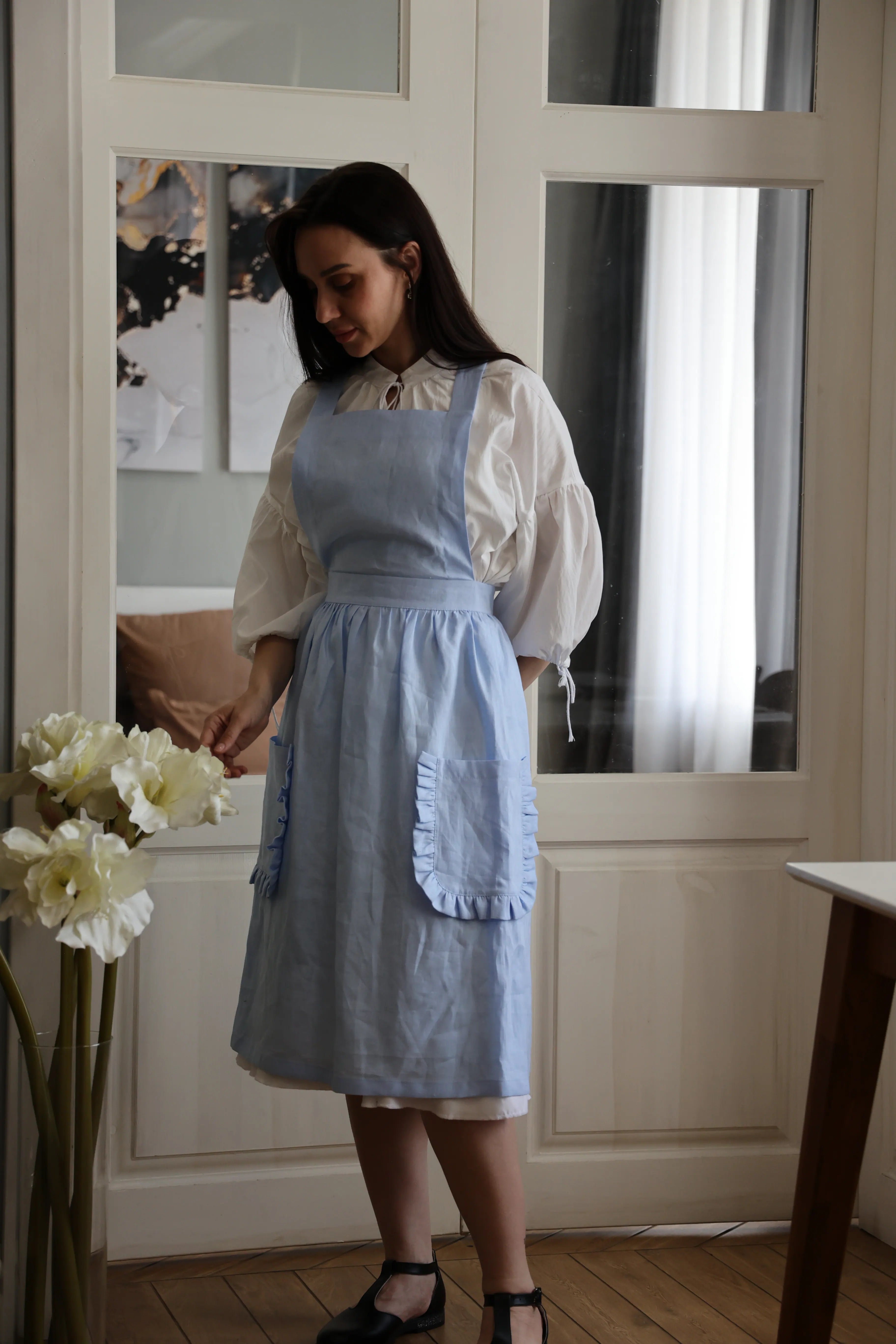 Dusty Blue Crossback Apron with Ruffles