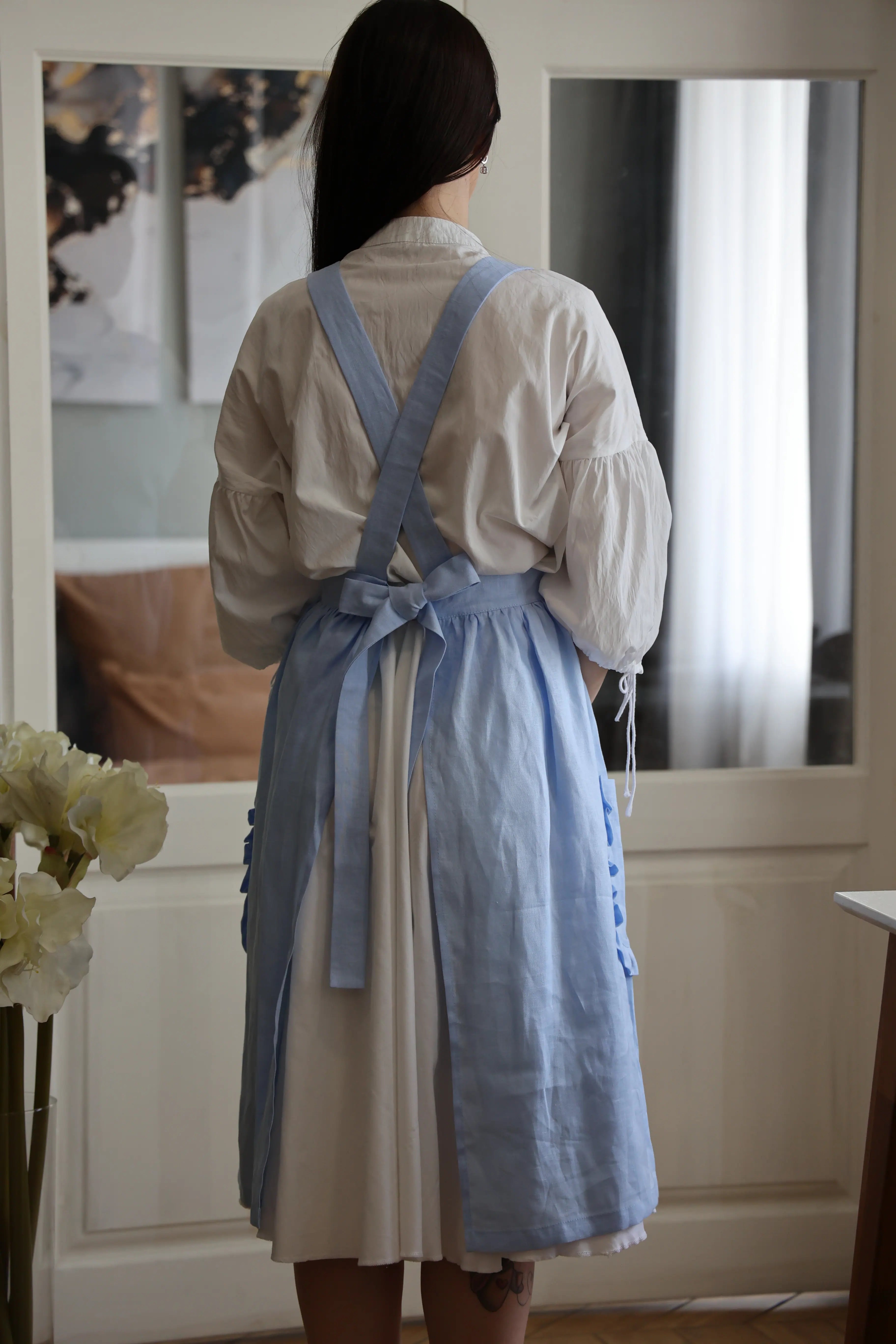 Dusty Blue Crossback Apron with Ruffles