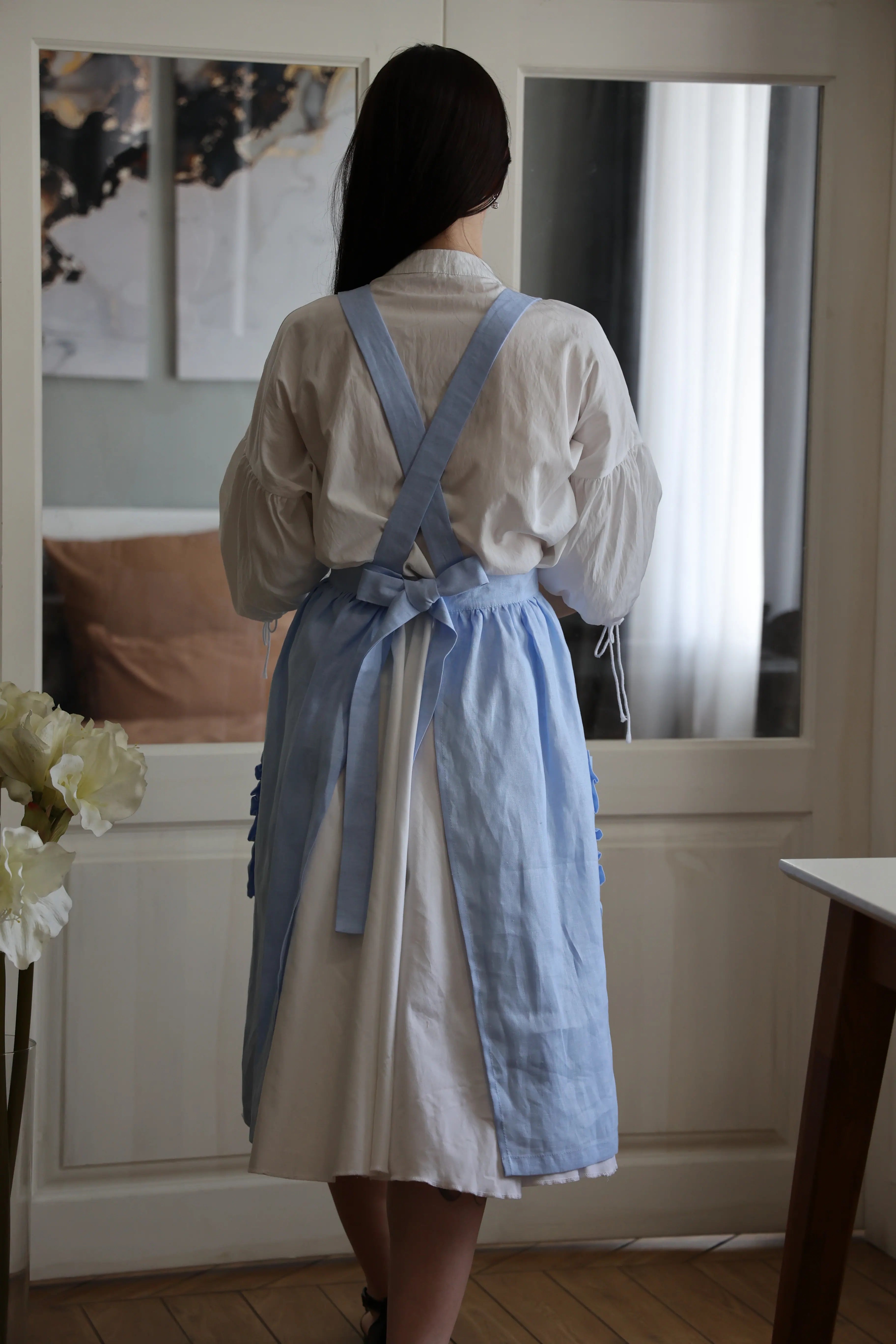 Dusty Blue Crossback Apron with Ruffles