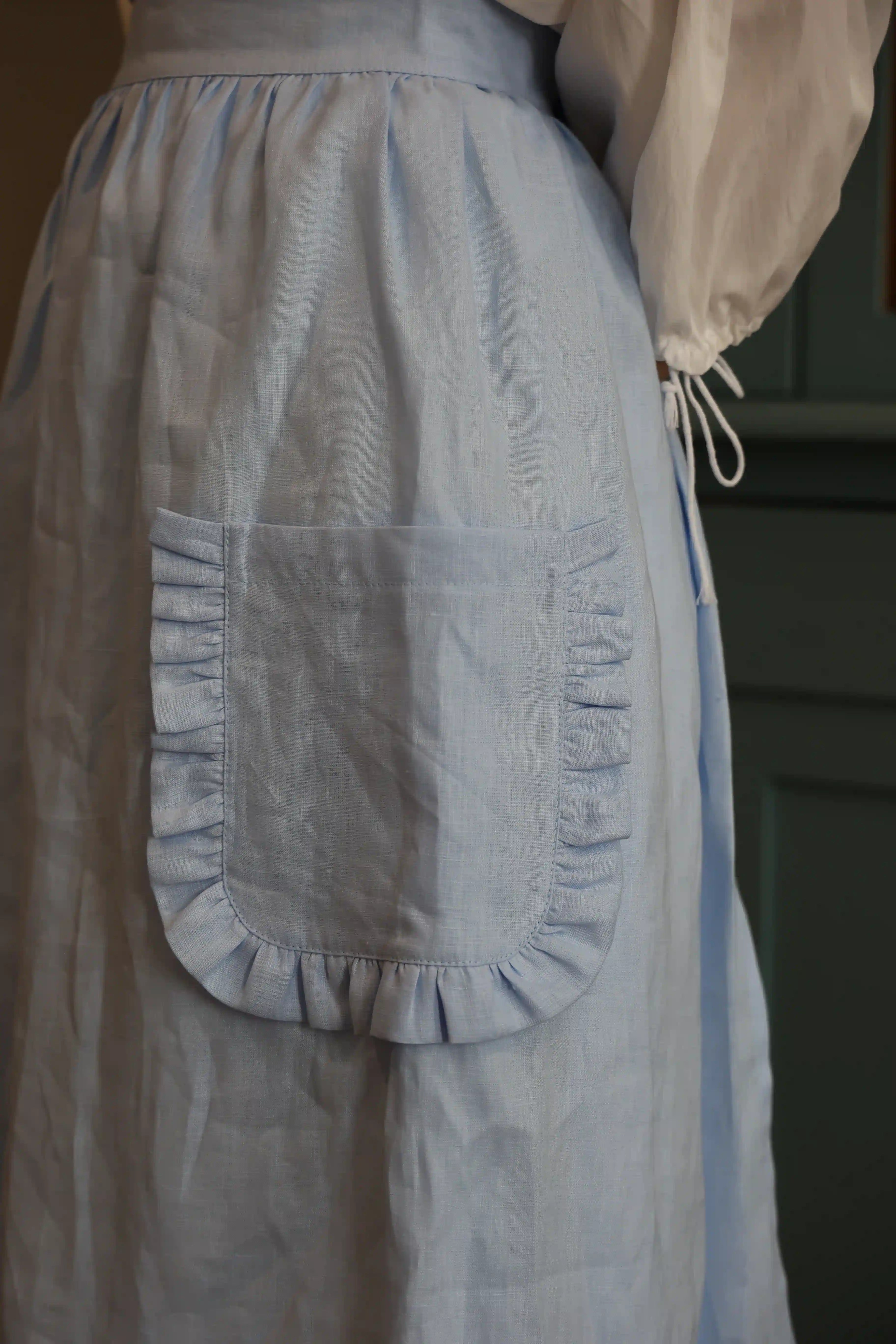 Dusty Blue Crossback Apron with Ruffles