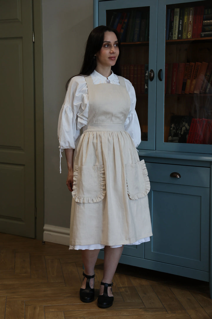 Vintage Sand Crossback Apron with Ruffle Details – Elegant Linen-Style Cotton Smock with Deep Pockets