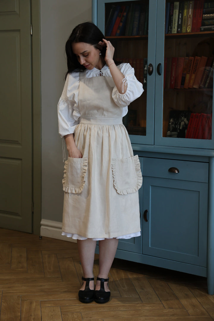 Vintage Sand Crossback Apron with Ruffle Details – Elegant Linen-Style Cotton Smock with Deep Pockets