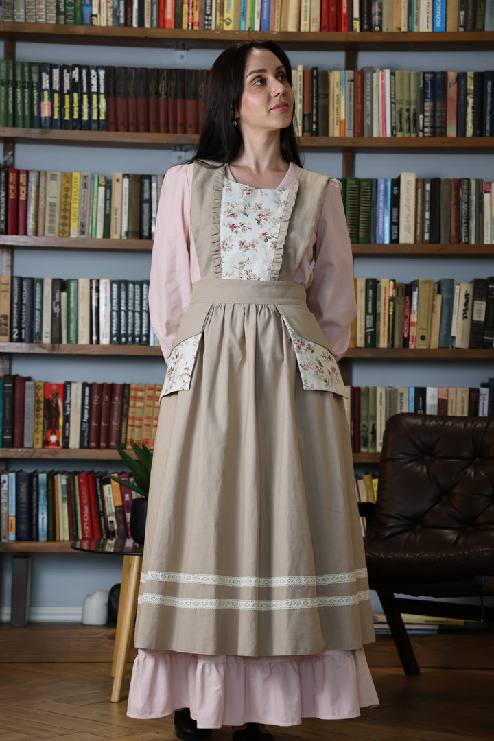 Vintage Pinafore Apron - Cotton Kitchen Dress with Floral Inserts
