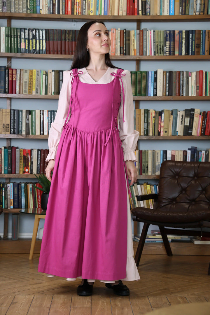 Vintage Dusty Rose Cottagecore Pinafore Apron – Corset-Style 100% Cotton Dress Apron with Side Ties
