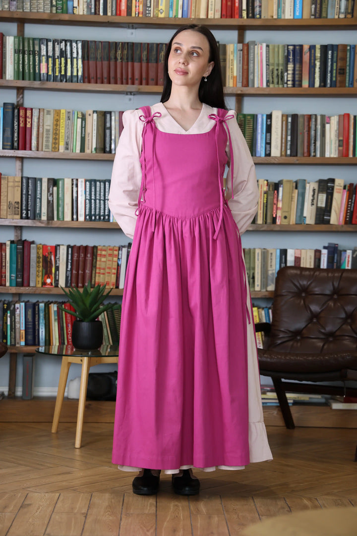 Vintage Dusty Rose Cottagecore Pinafore Apron – Corset-Style 100% Cotton Dress Apron with Side Ties