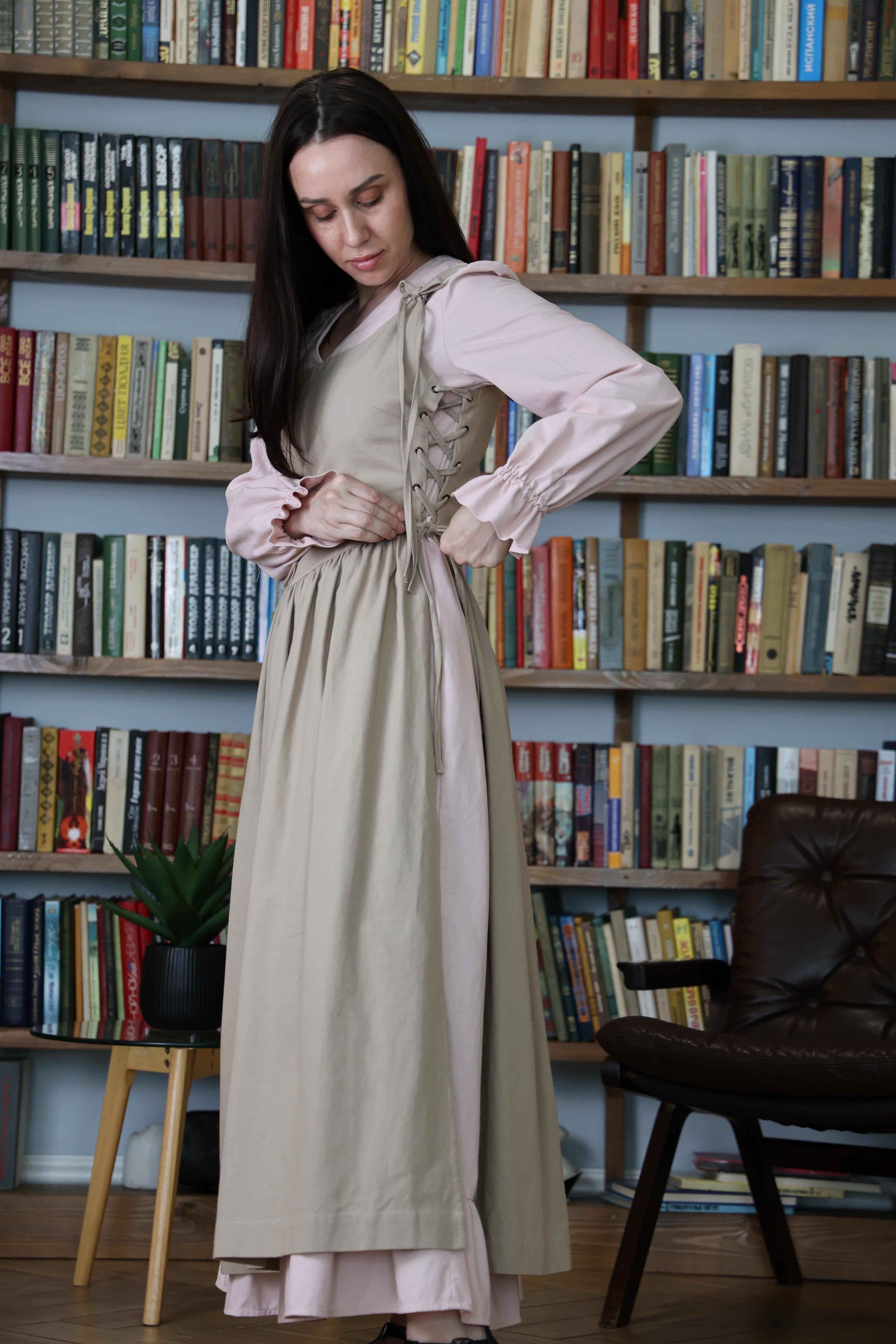 Taupe Beige Corset Pinafore Apron