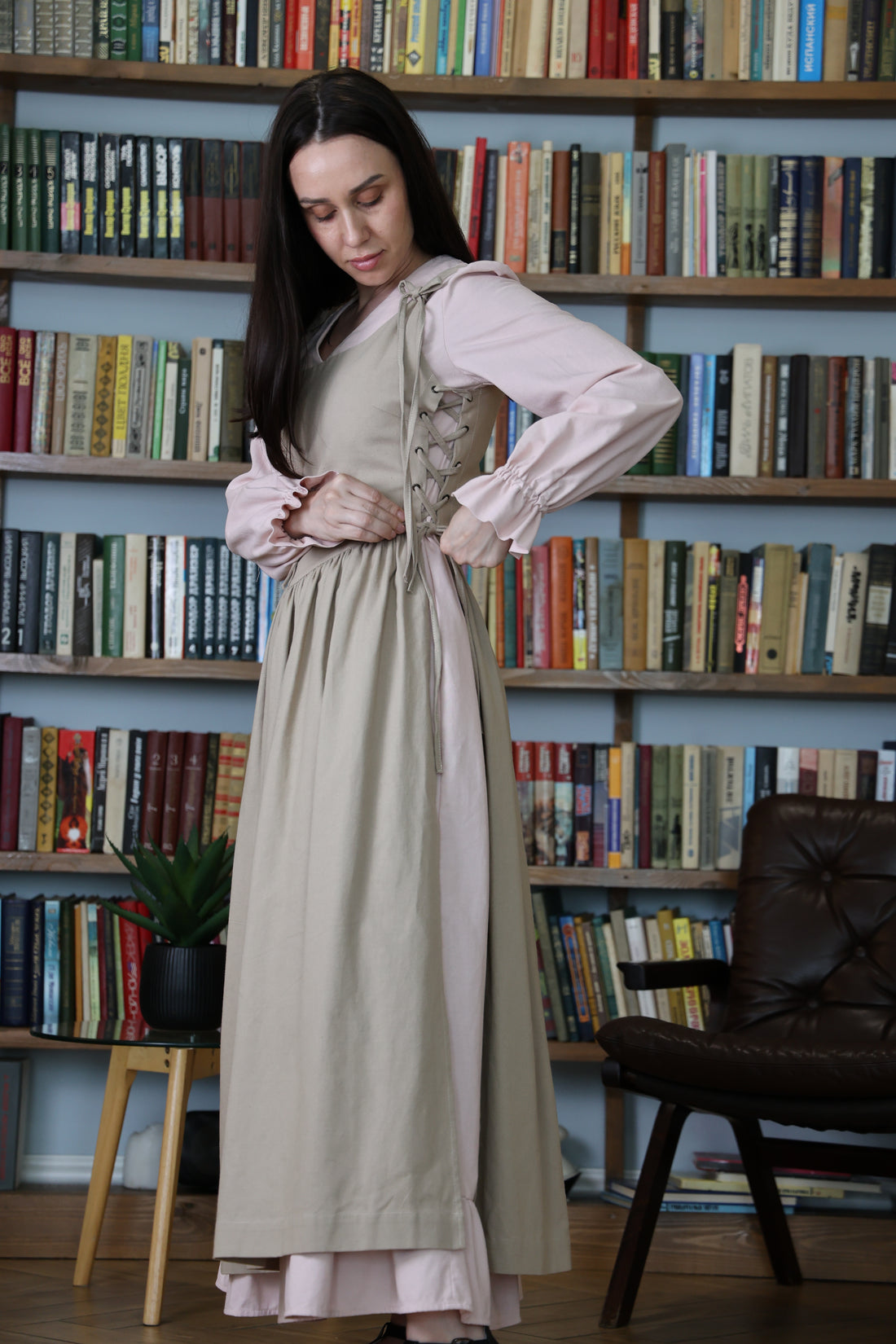 Taupe Beige Corset Pinafore Apron