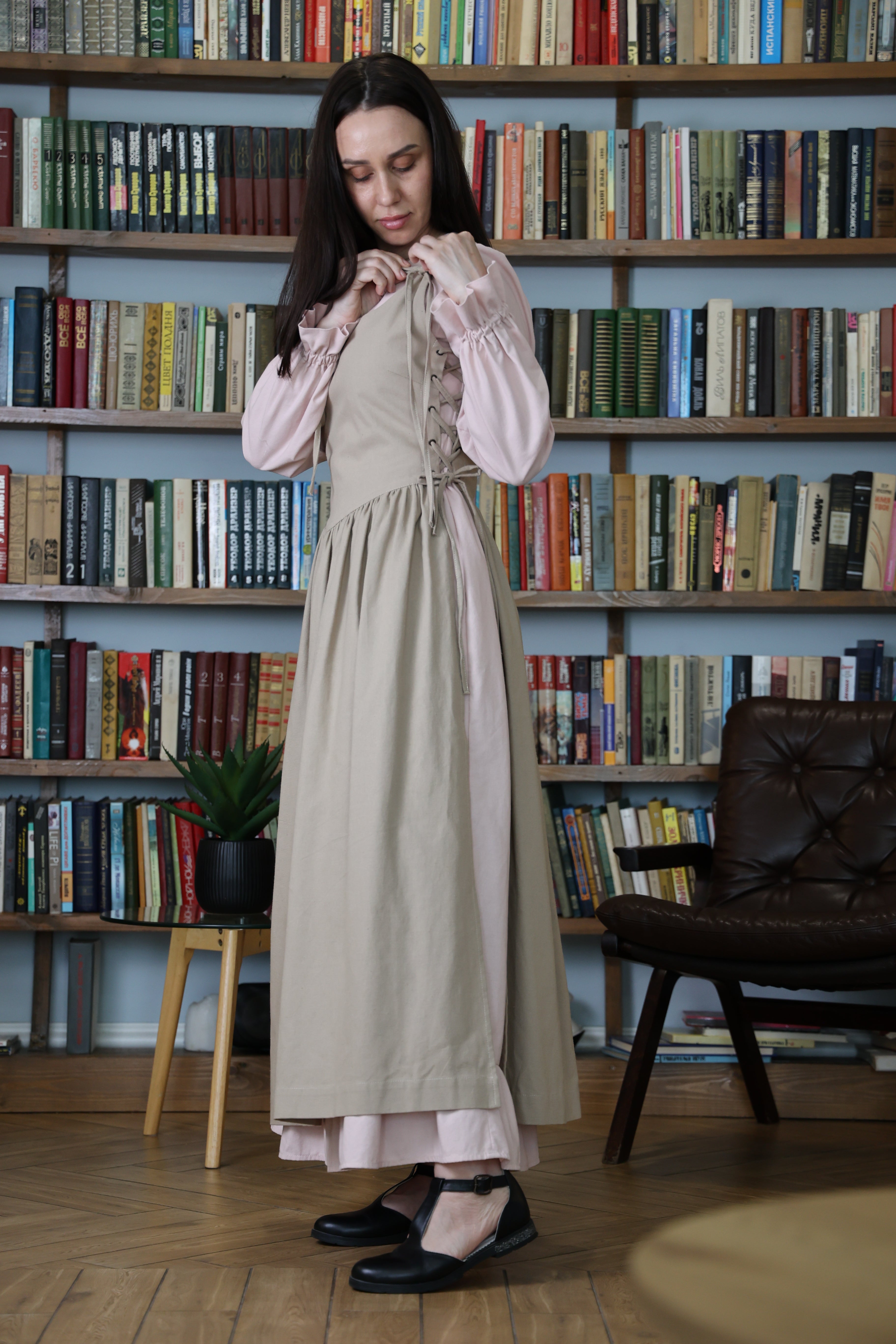 Taupe Beige Corset Pinafore Apron