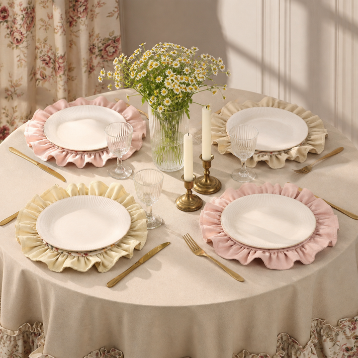 Honey Yellow Vintage Cotton Ruffle Placemat - Floral Cottagecore Table Decor