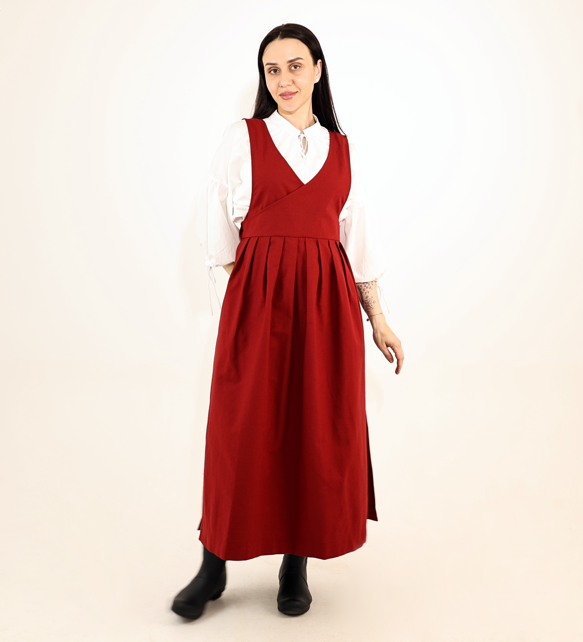 Crimson Red Fair Apron — Full-Skirt Cotton Pinafore
