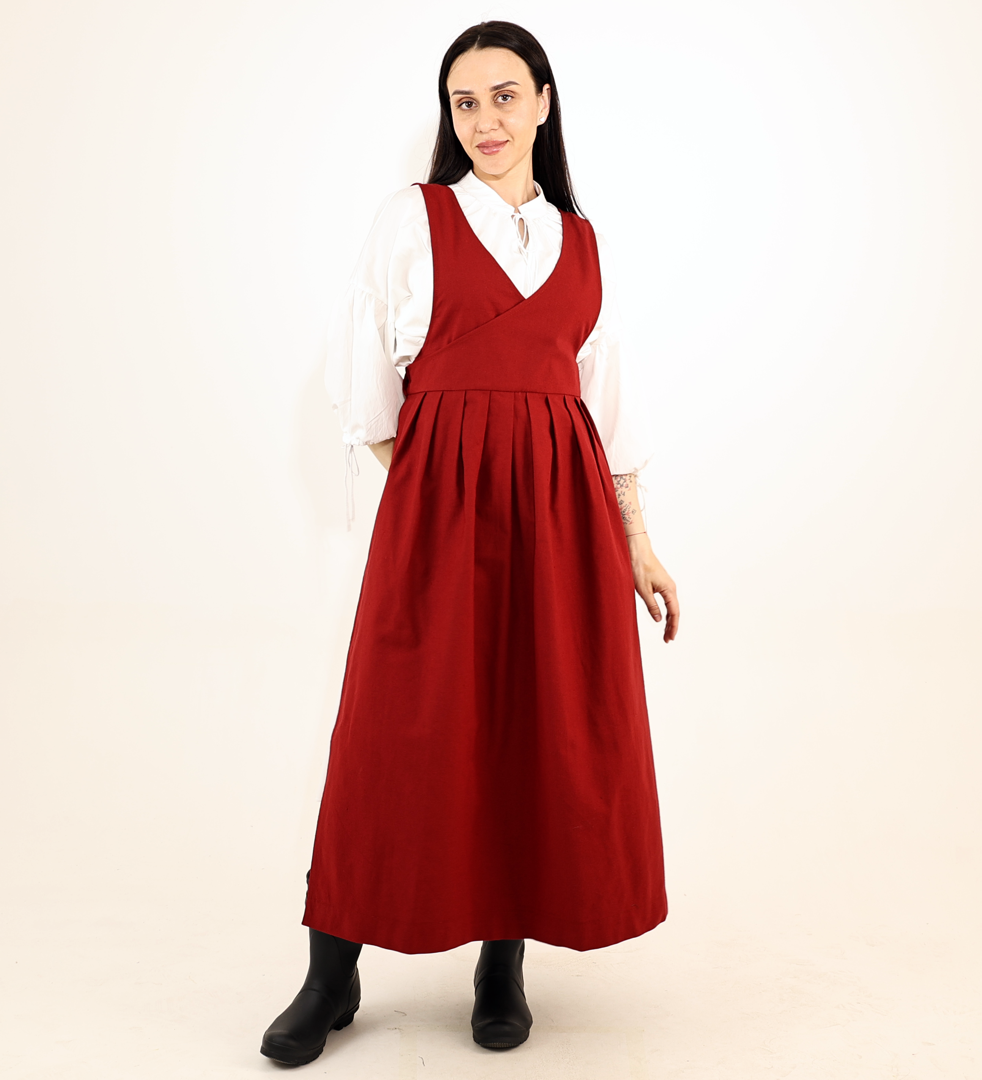 Crimson Red Fair Apron — Full-Skirt Cotton Pinafore
