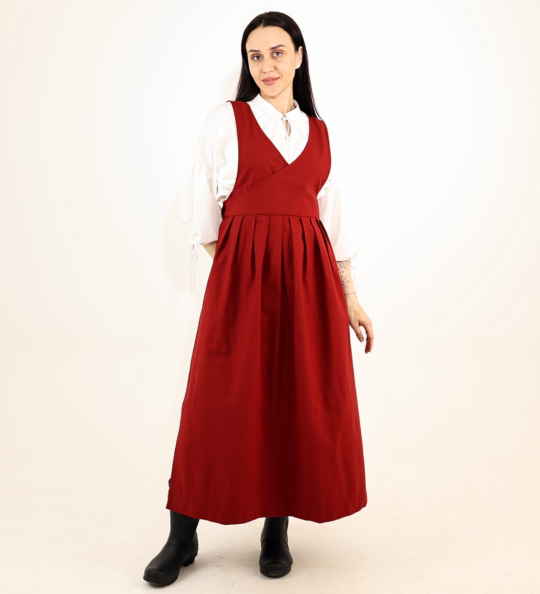 Crimson Red Fair Apron — Full-Skirt Cotton Pinafore
