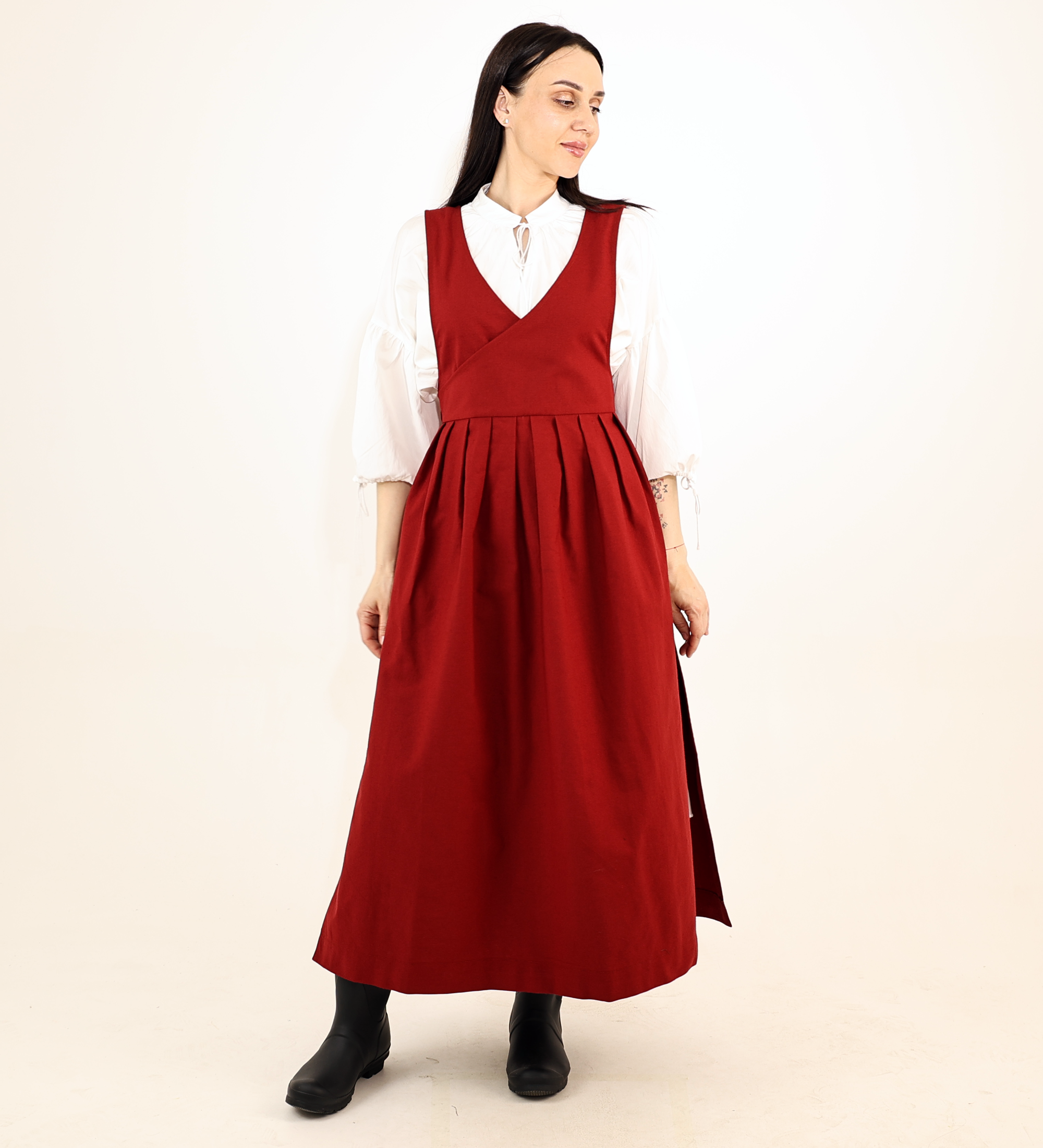 Crimson Red Fair Apron — Full-Skirt Cotton Pinafore