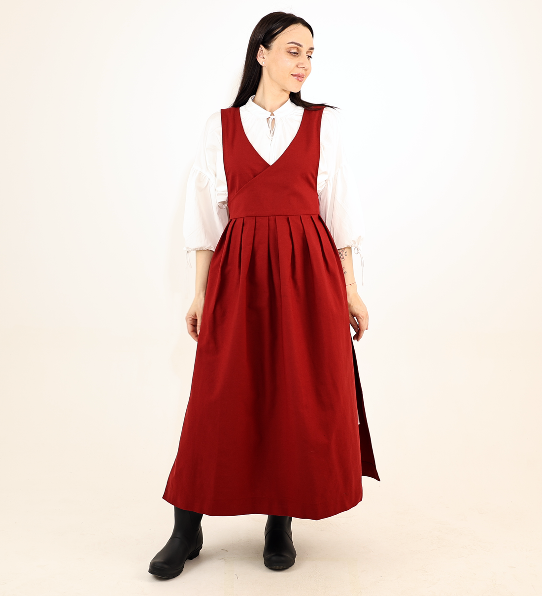 Crimson Red Fair Apron — Full-Skirt Cotton Pinafore