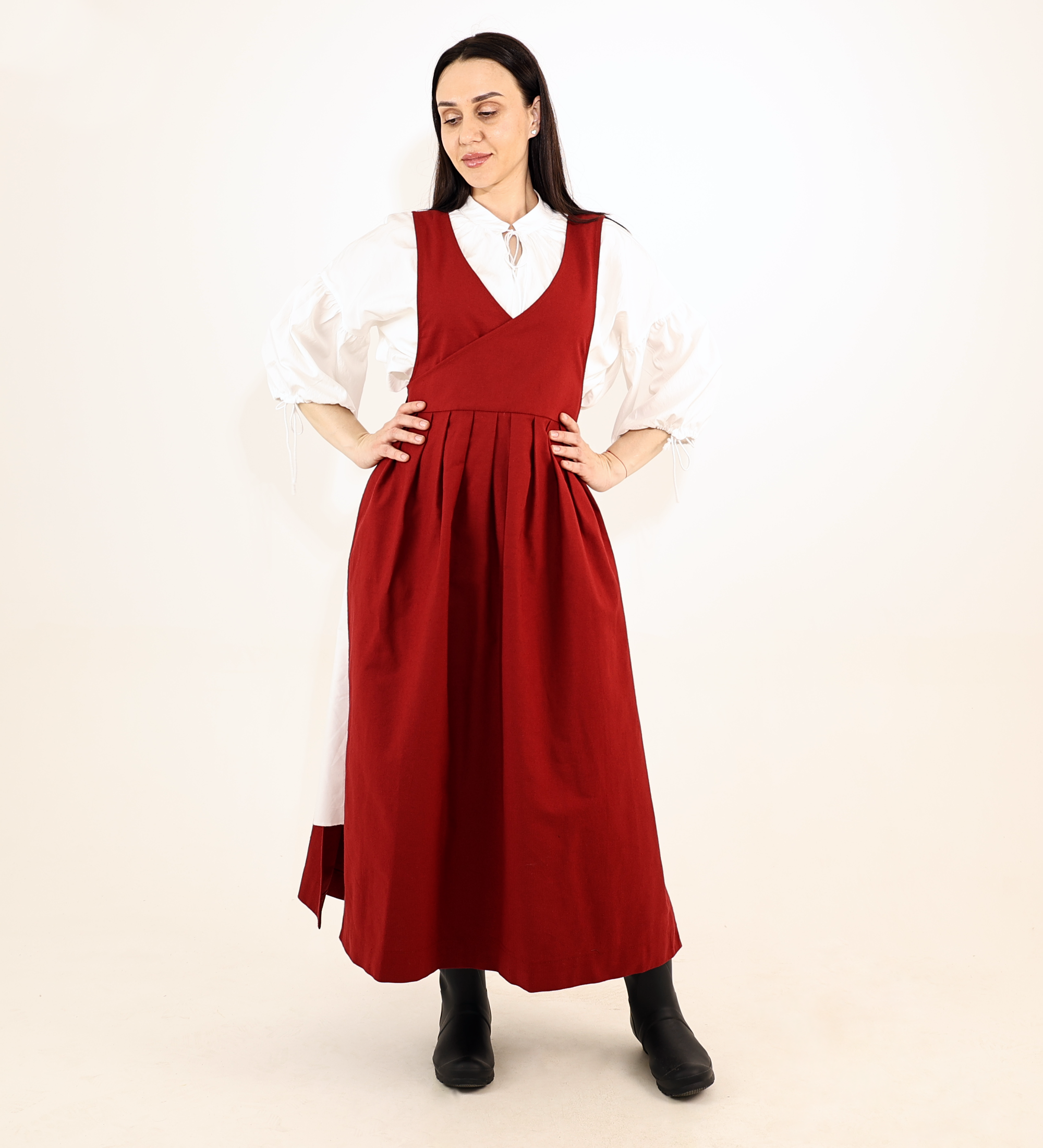 Crimson Red Fair Apron — Full-Skirt Cotton Pinafore