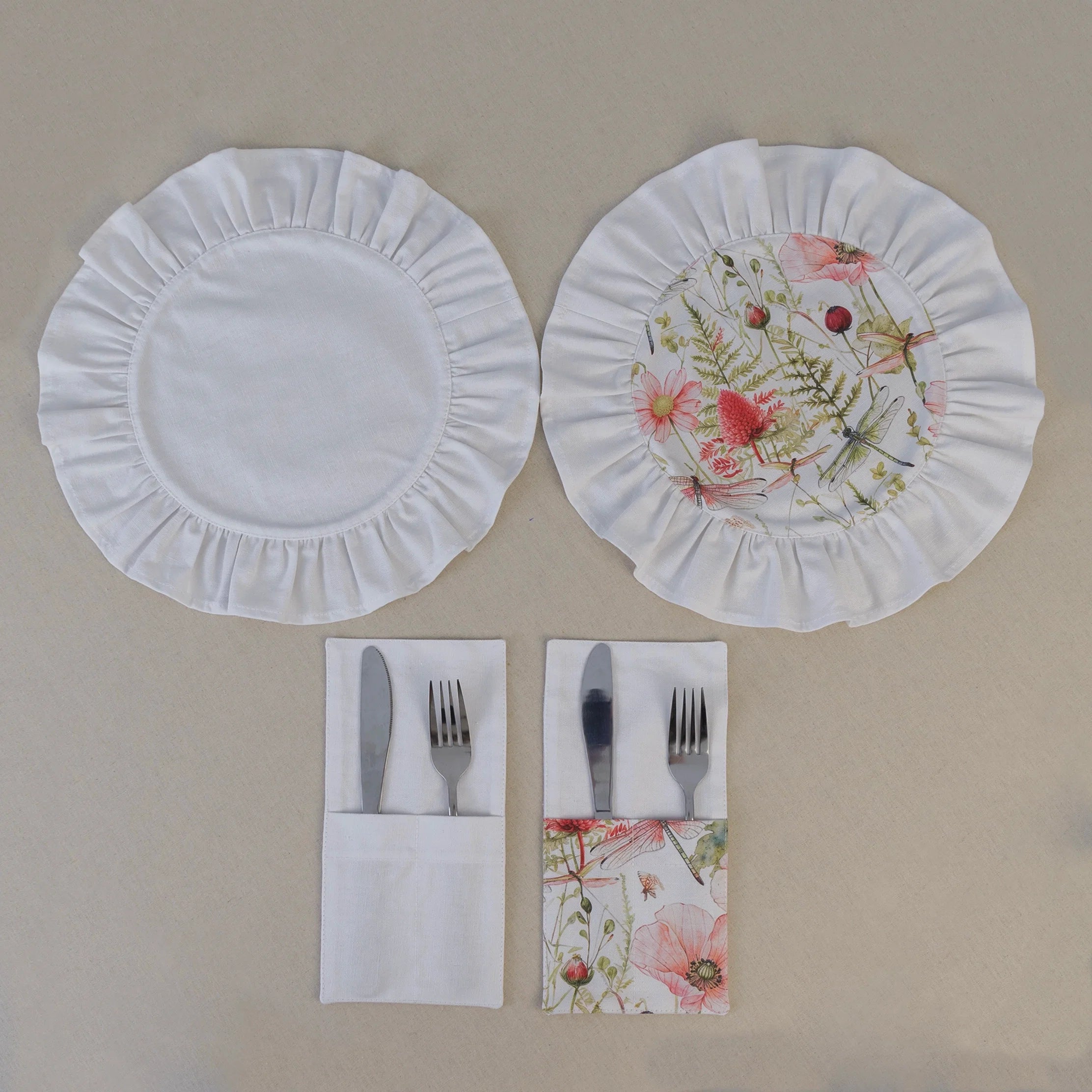 Soft white ruffle placemat with matching cutlery pocket