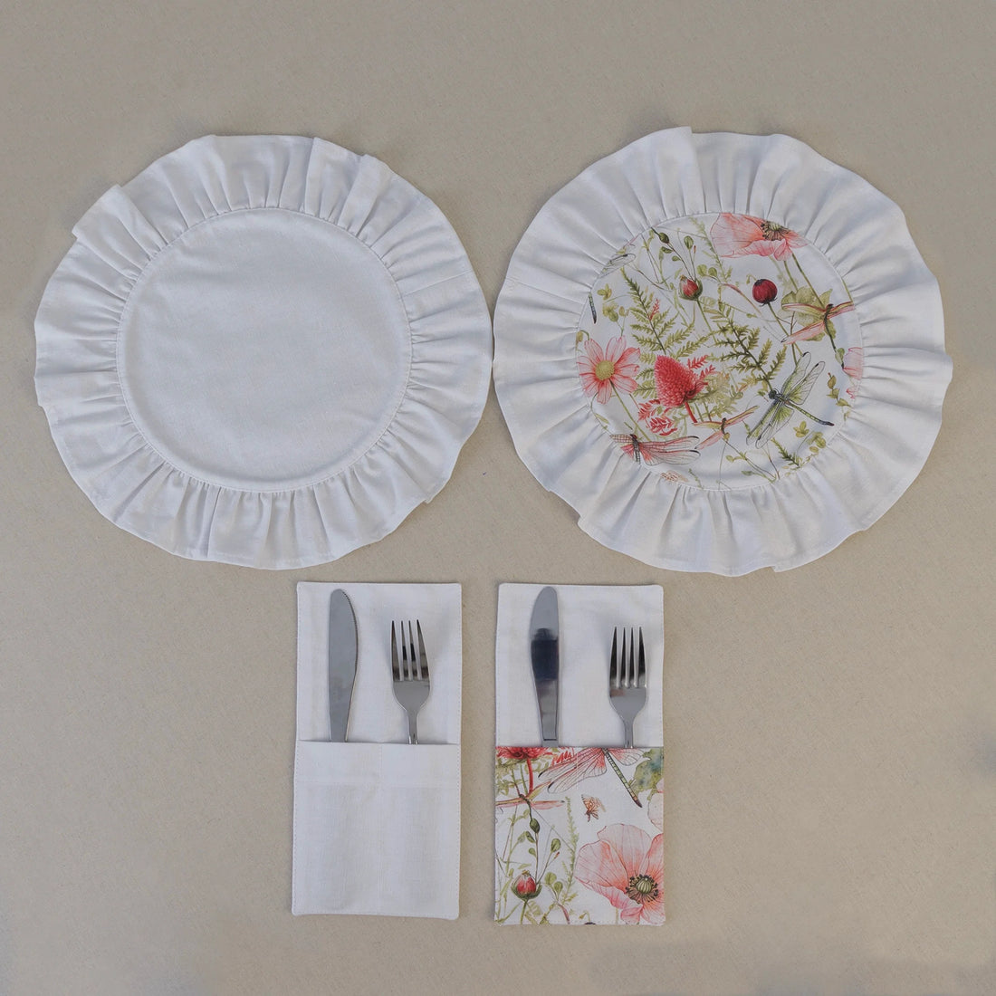 Soft white ruffle placemat with matching cutlery pocket