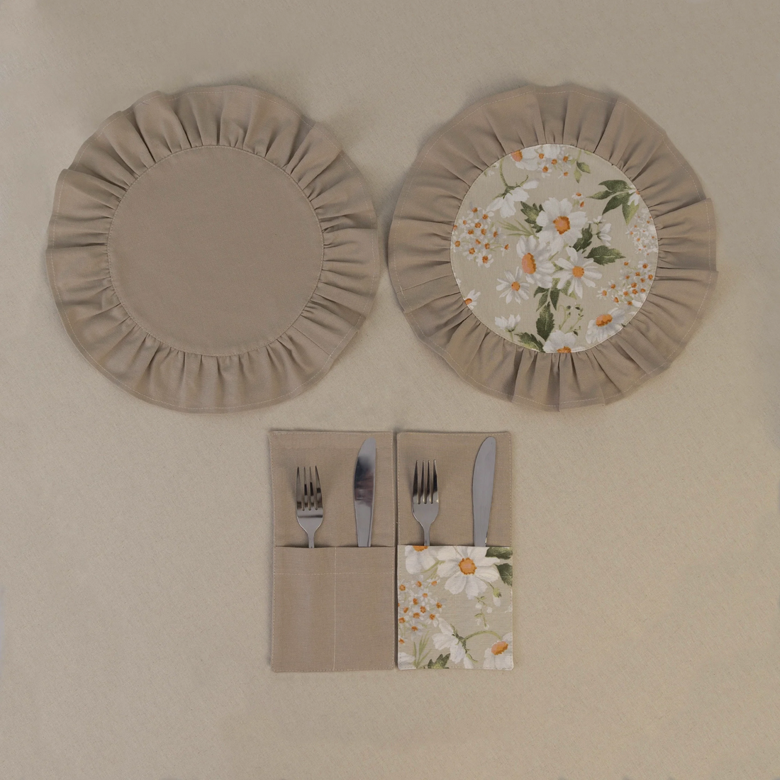 Taupe beige ruffle placemat with matching cutlery pocket