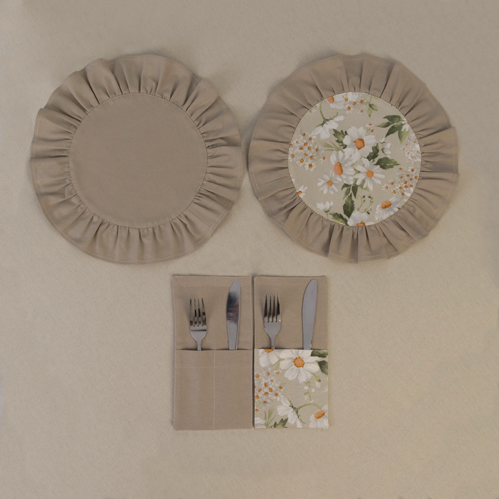 Taupe beige ruffle placemat with matching cutlery pocket
