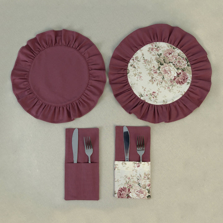 Deep burgundy ruffle placemat with matching cutlery pocket