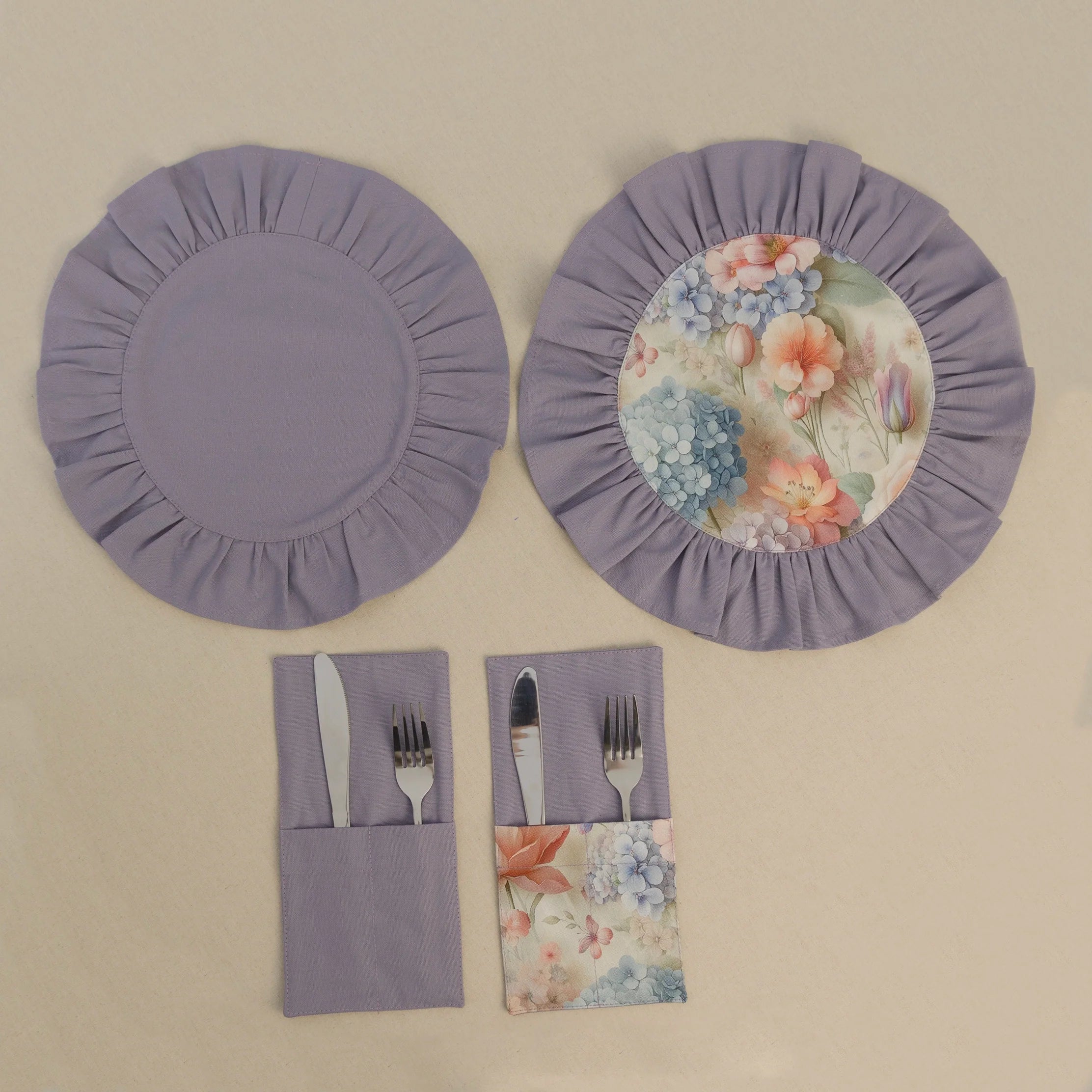Lavender ruffle placemat with matching cutlery pocket