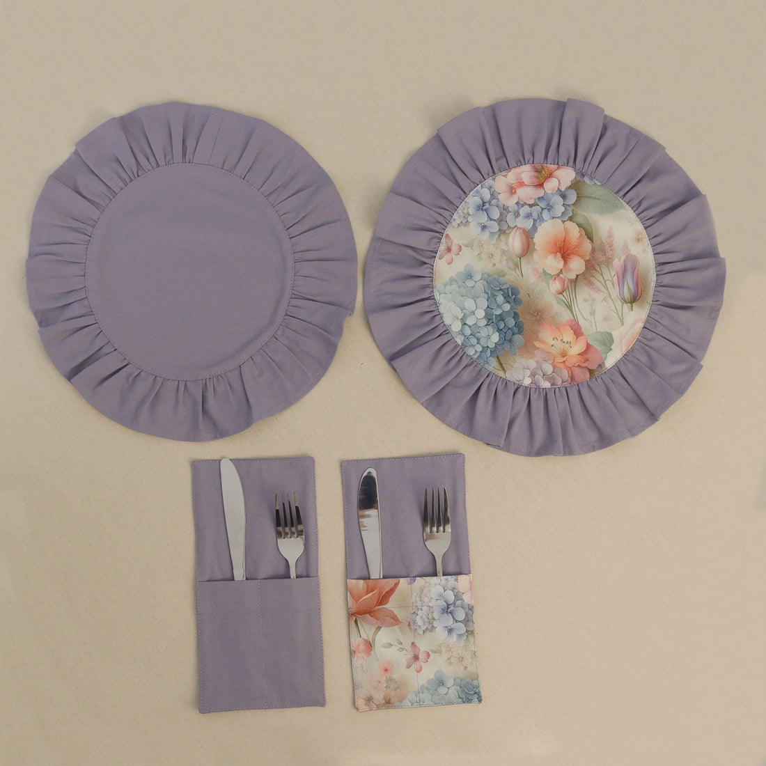 Lavender ruffle placemat with matching cutlery pocket