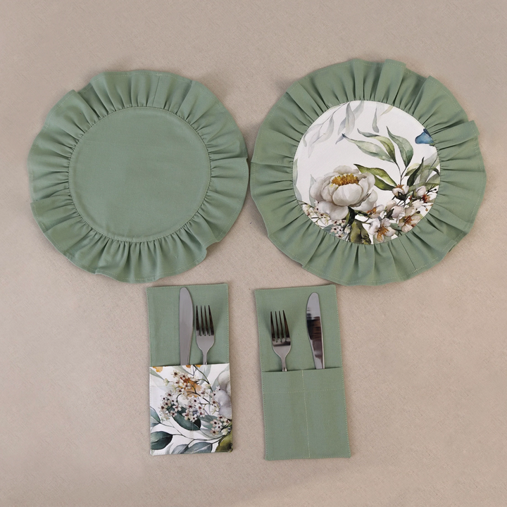 Sage green ruffle placemat with matching cutlery pocket