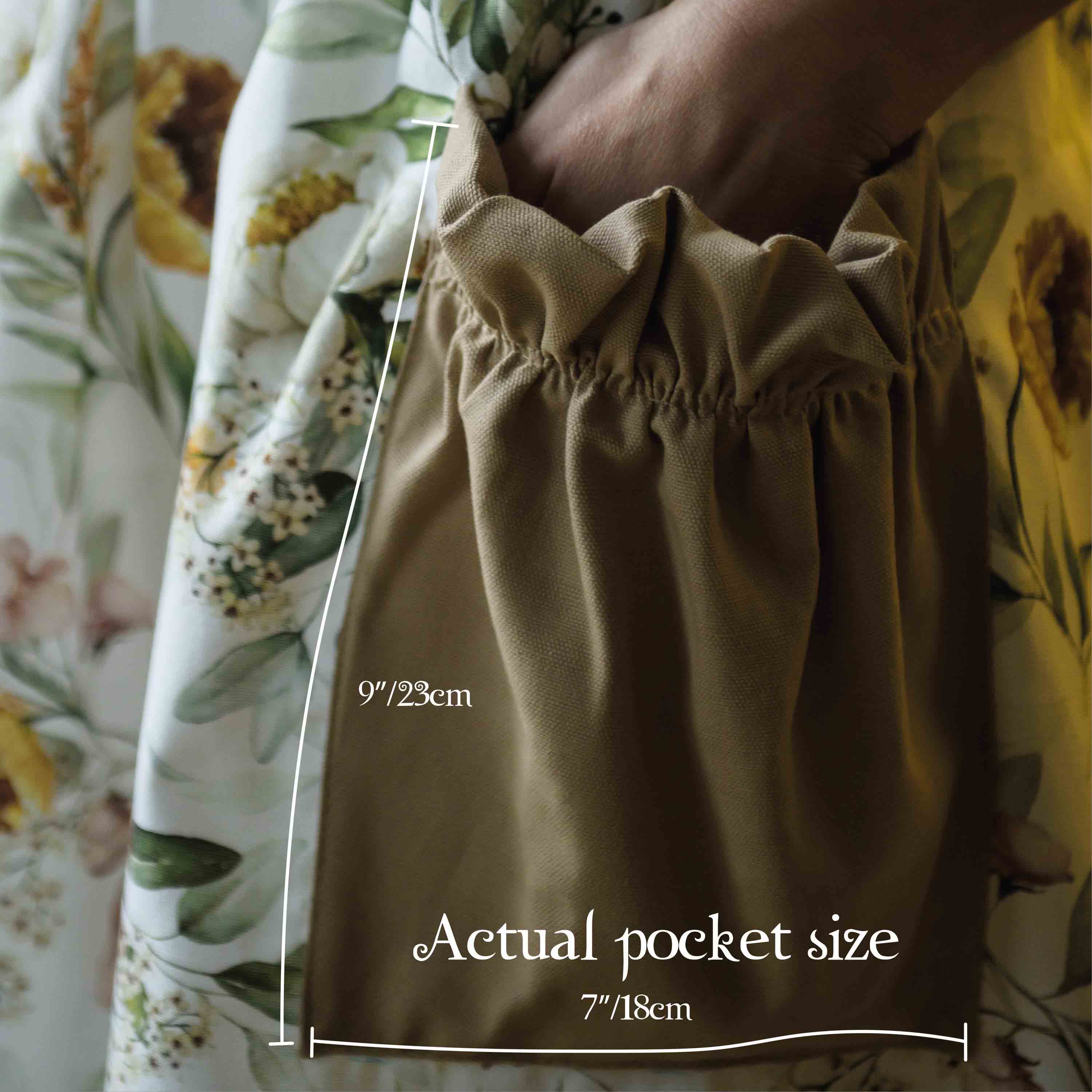 Brown pocket on a floral fabric with measurements indicated
