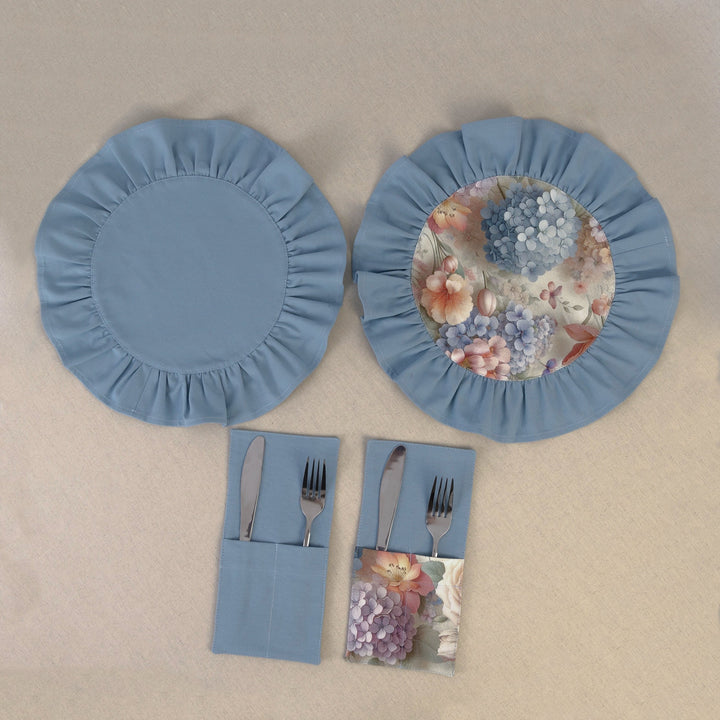Dusty blue ruffle placemat with matching cutlery pocket