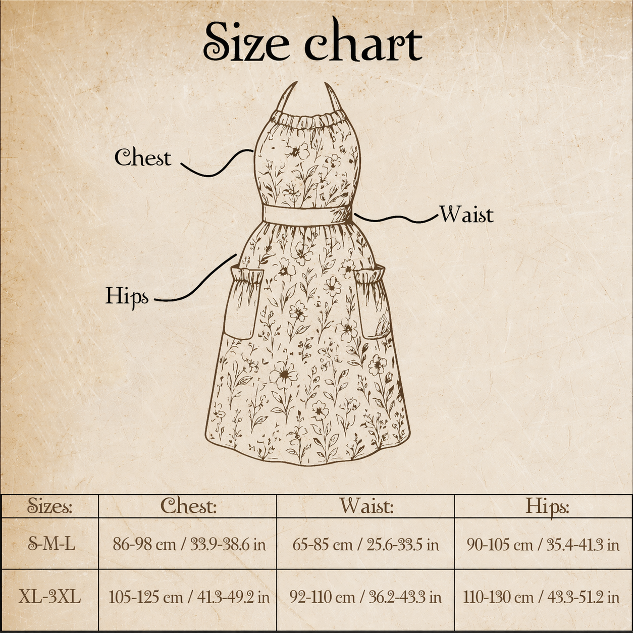 Size chart for a floral apron on a textured beige background