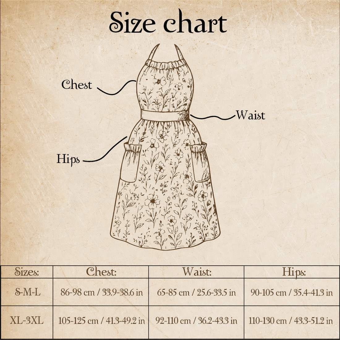 Size chart for a floral apron on a textured beige background