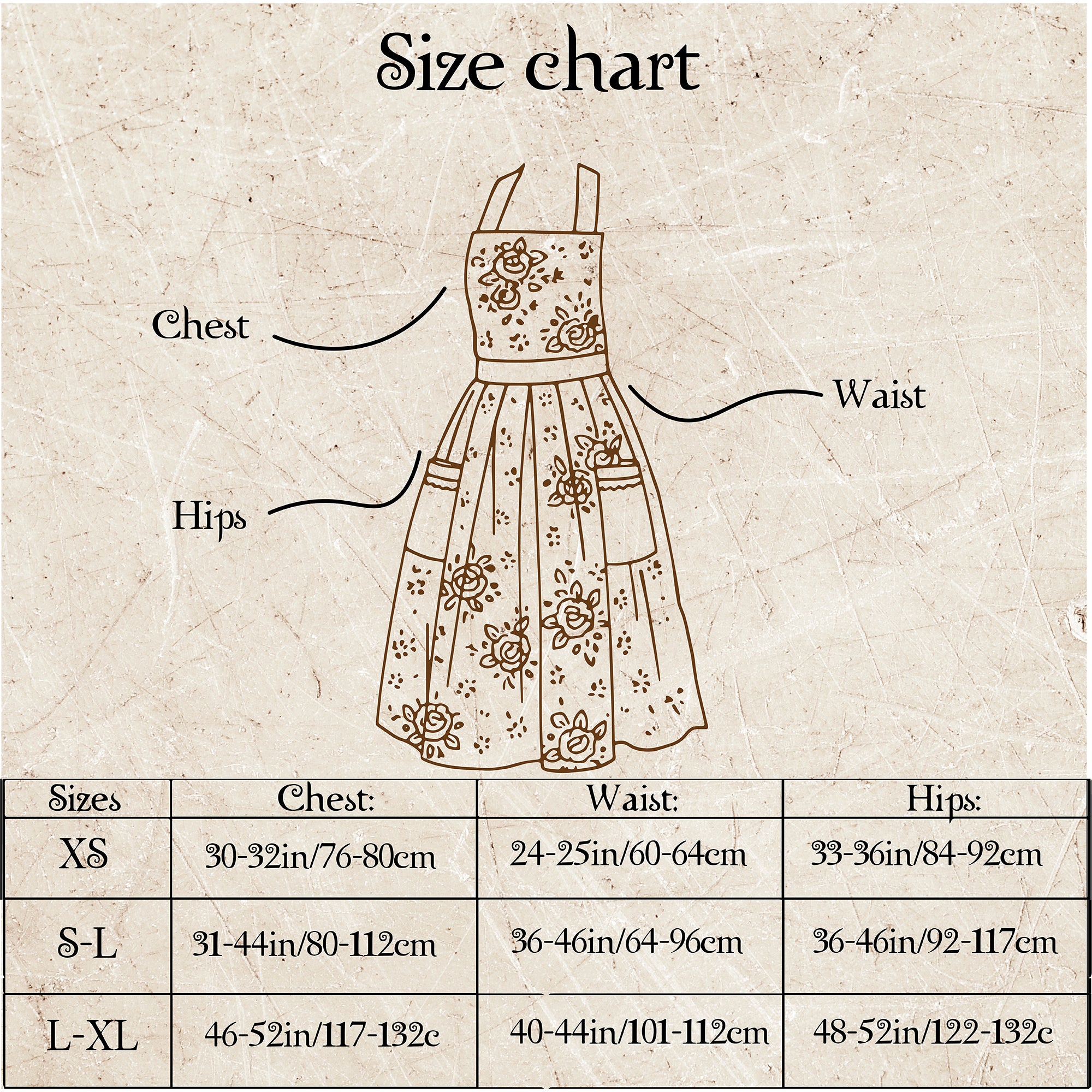 Size chart for a dress with measurements labeled on a textured beige background