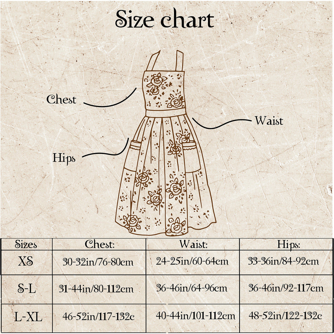 Size chart for a dress with measurements labeled on a textured beige background
