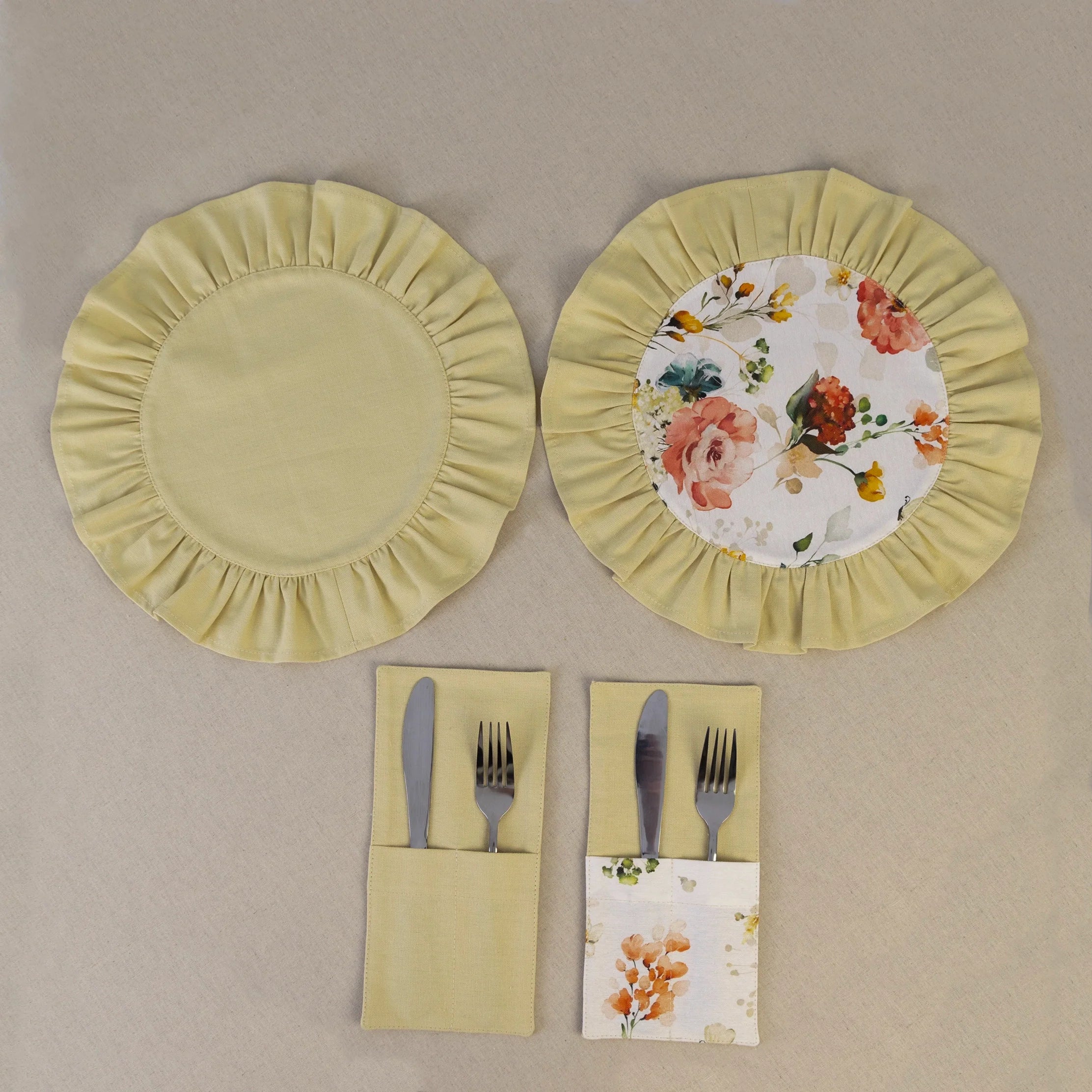 Butter yellow ruffle placemat with matching cutlery pocket