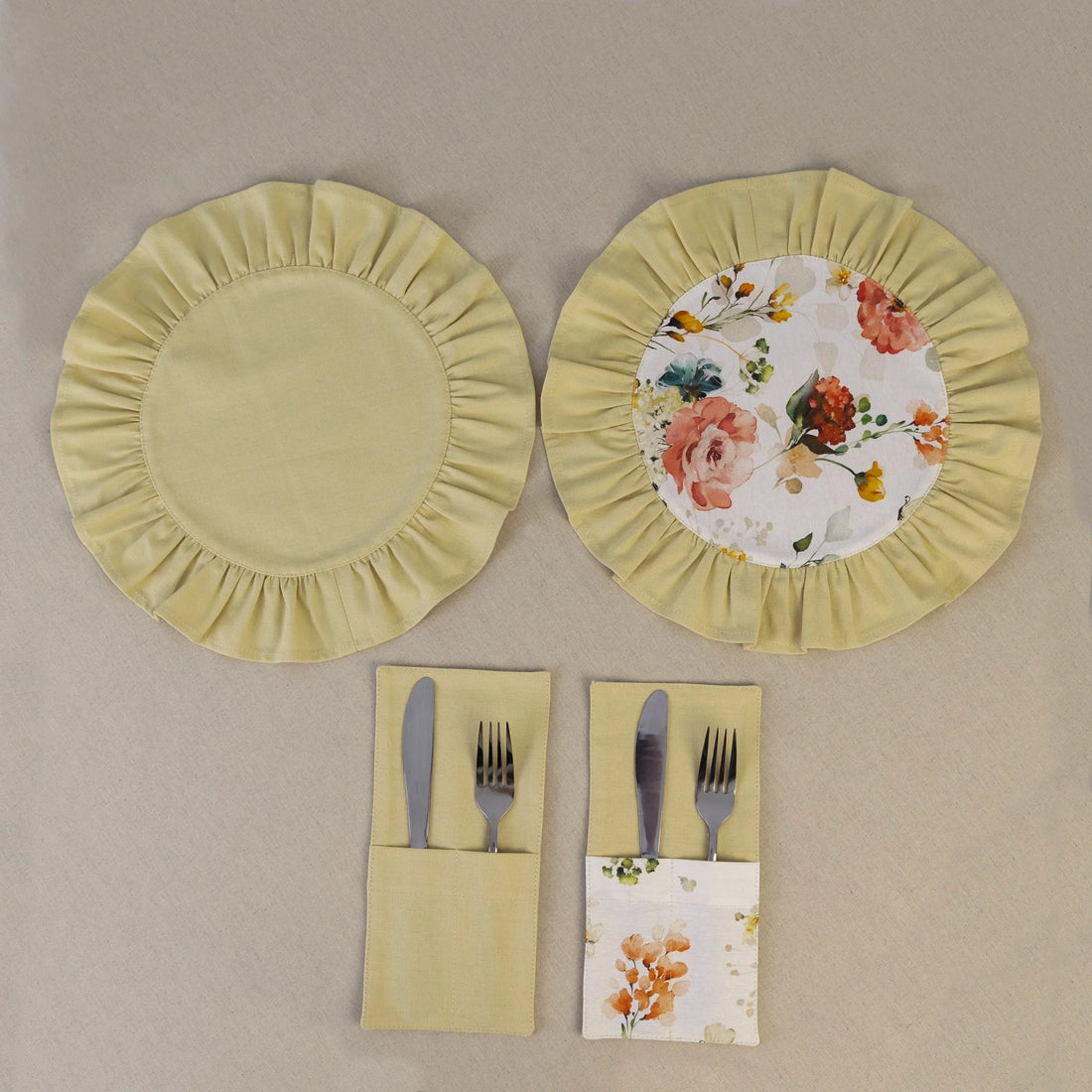 Butter yellow ruffle placemat with matching cutlery pocket