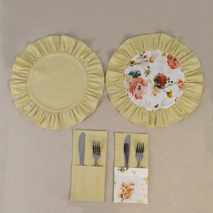 Butter yellow ruffle placemat with matching cutlery pocket